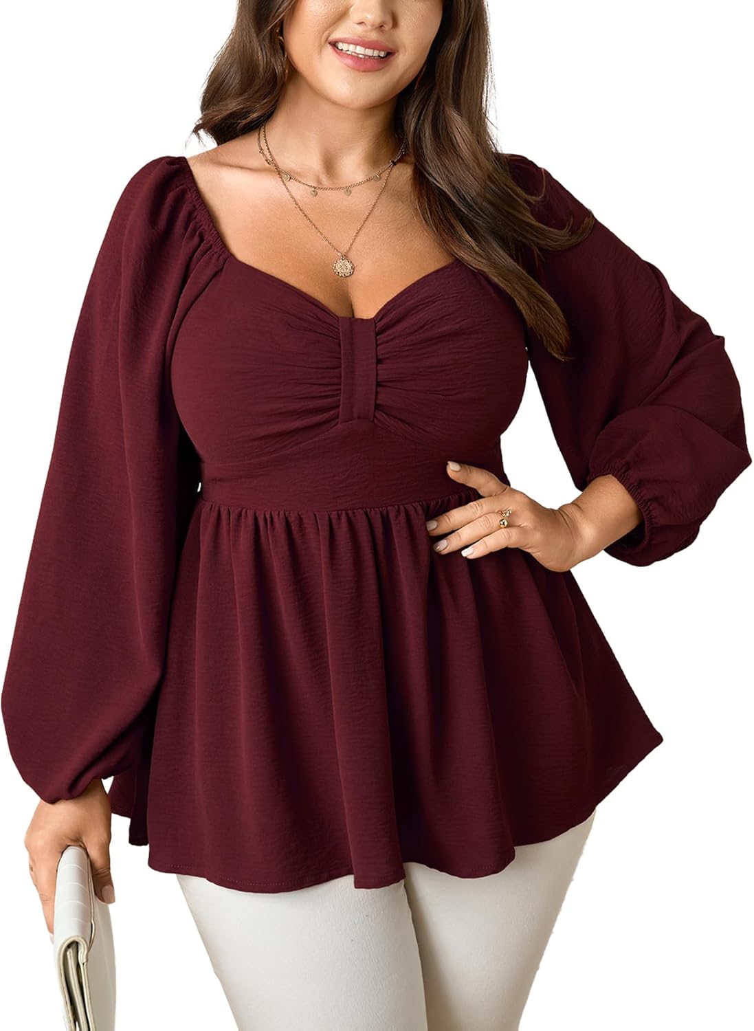 SCOMCHIC Women's Plus Size Blouses Long Sleeve Sweetheart Neckline Babydoll Ruffle Peplum Smocked Cute Casual Fall Tops
