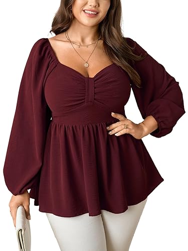 SCOMCHIC Women's Plus Size Blouses Long Sleeve Sweetheart Neckline Babydoll