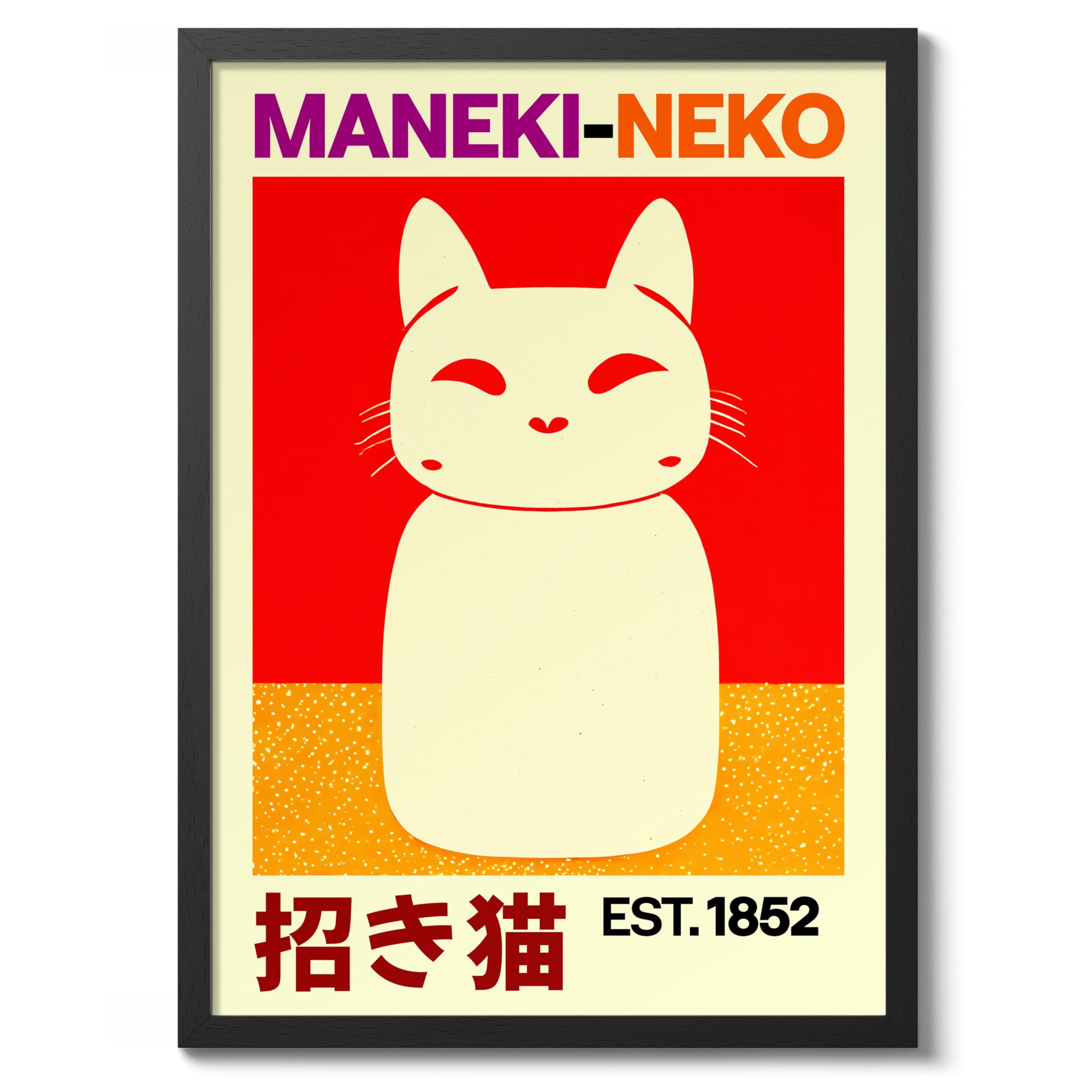 Maneki Neko Cat Anime Woodblock Poster Modern Woodblock Print, Cartoon Manga Kitten Wall Art Decor, Modern Japanese, Cat Lovers, 50x70cm (Black Frame) - 53x73cm