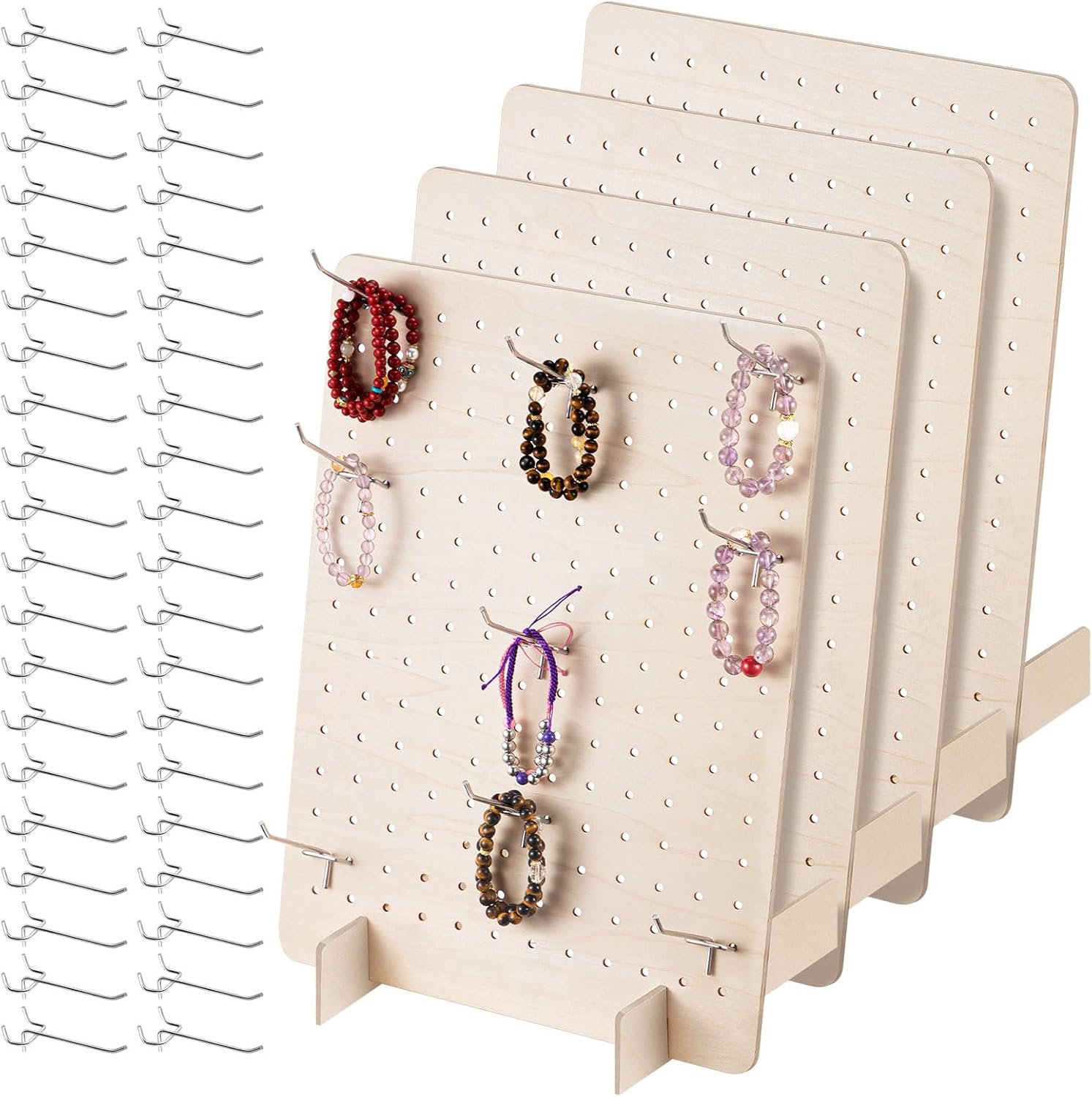 4 Pack Wooden Pegboard Display Stand, Retail Rack with 40 Pcs Hooks, 17 x 13 Inch Necklace Holder Earring Display Stands for Selling and Shows Jewelry Pin Stickers Keychain Peg Board