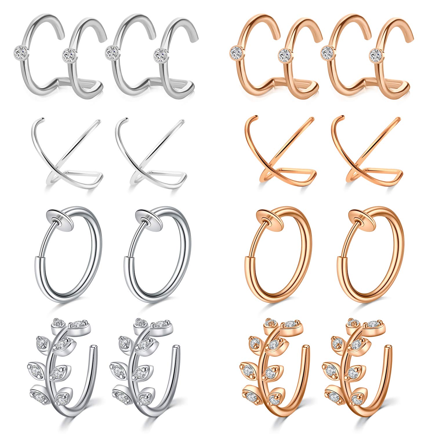 Mayhoop Falso Piercing Oreja Ear Cuffs Clip de Oreja Acero Inoxidable Falso Piercing Oreja Labbio Nariz sin Perforación Fake Earrings para Hombres y Mujeres