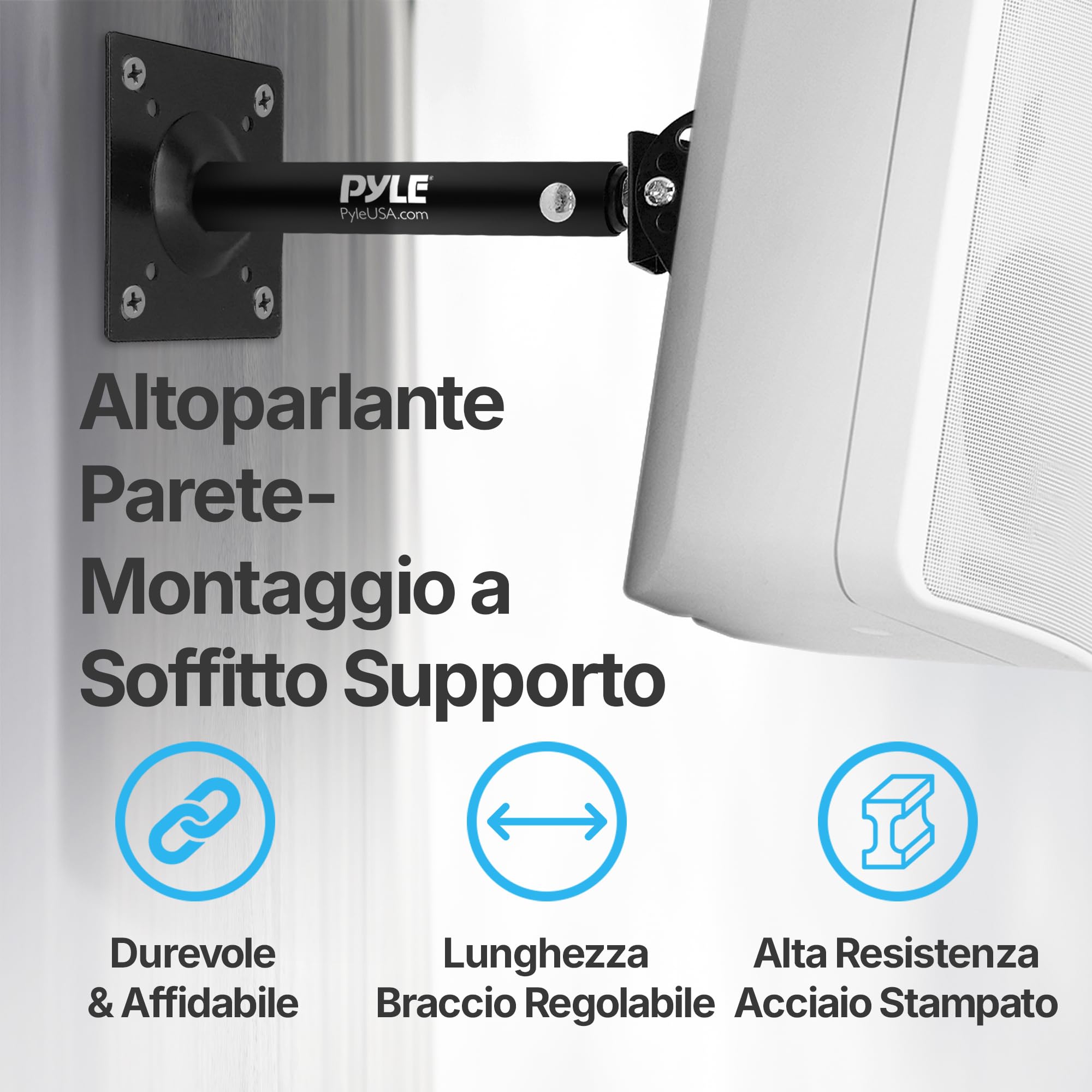 Pyle Supporto Casse Audio da Parete e Soffitto con Braccio Telescopico Regolabile per DJ, Cassa Bluetooth e Speaker, Inclinazione e Rotazione per Sistema Audio Casa, Nero, Coppia