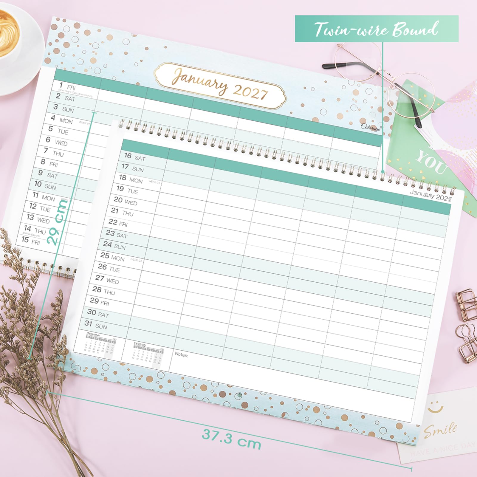 Calendario Familiare 2026 - Calendario 2026 da gennaio 2026 - dicembre 2026, 42,2 x 29,7 cm, Calendario da Parete 2026 con 6 Colonne, Perfetto Pianificatore Familiare - Verde Pastello