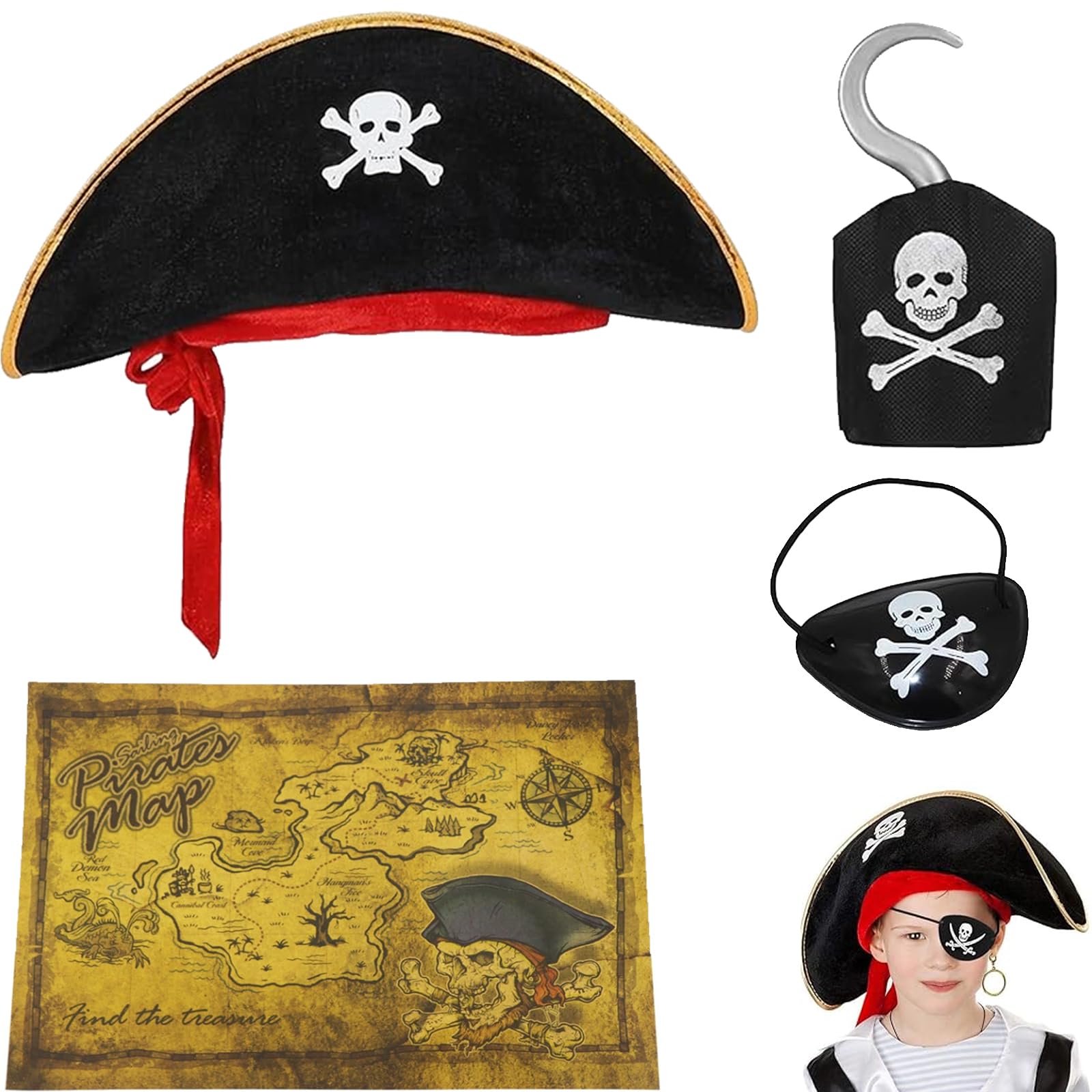 YgonziRuvc 4 Pcs Pirate Hat Kids Set, Kids Pirate Hat with Pirate Eye Patch, Hook and Kraft Paper Pirate Map, Pirate Accessories Kid, Costume Set for Dress Up and Adventure Pla