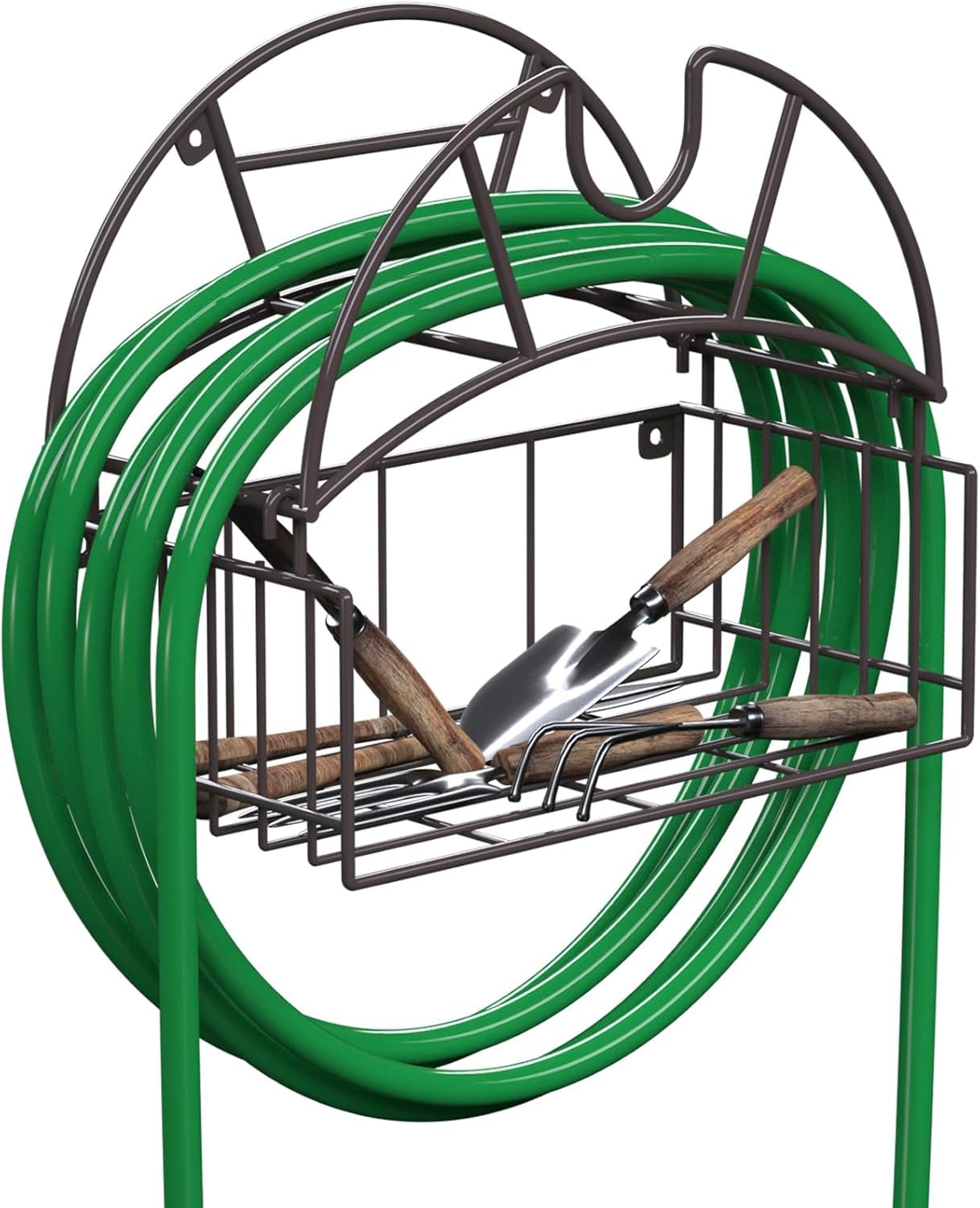 Support de tuyau d'arrosage, support de tuyau d'eau robuste avec panier de rangement pour outils, organisateur de tuyau mural pouvant contenir jusqu'à 150 pieds, support de tuyau décoratif pour jardin