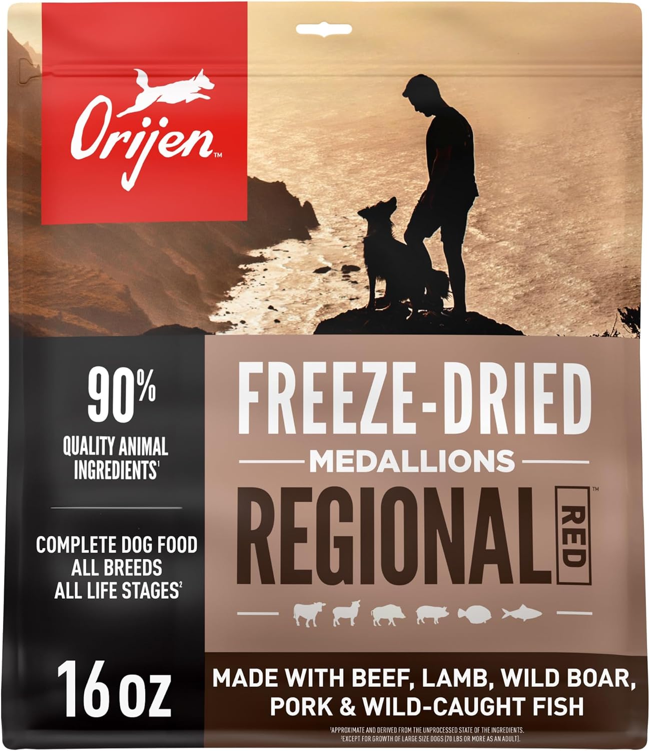 ORIJEN Grain Free High Protein Freeze Dried Dog Food & Topper Regional Red Recipe 16oz Bag
