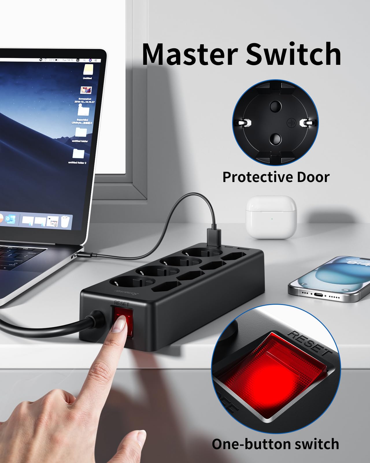 Ciabatta Elettrica Multipresa USB, 8 prese di Corrente e 3 USB, Striscia di Alimentazione Protetta da Sovratensione, presa di da 2 M con Interruttore per Scrivania, Ufficio, Casa, Nero F(Schuko)