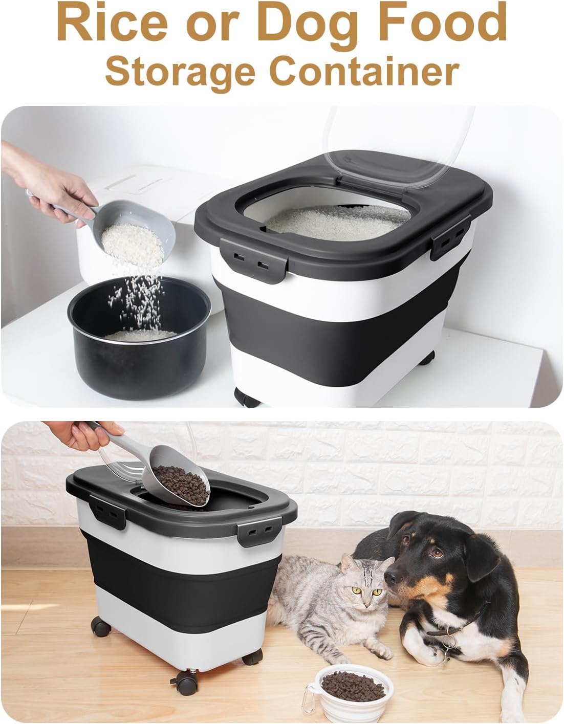 Airtight, Collapsible Dog Food Container, with Convenient Wheels and Durable Scoop