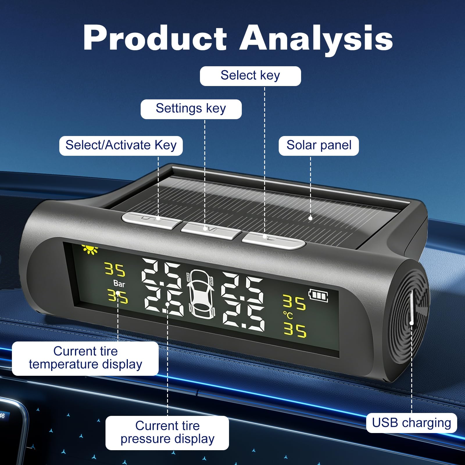 PORFOYO Sistema di controllo della pressione degli pneumatici, sistema di controllo della pressione dei pneumatici, materiale ABS, display digitale, sensore di pressione degli pneumatici, set per auto
