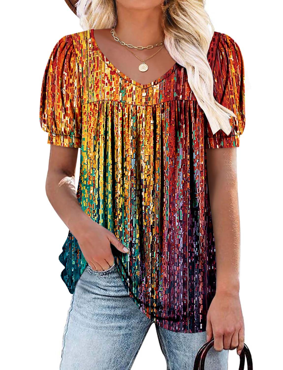 ROSELINLIN Womens Ruffle Sleeve Tunic Tops V Neck Loose Fit Short Sleeve Summer Shirts