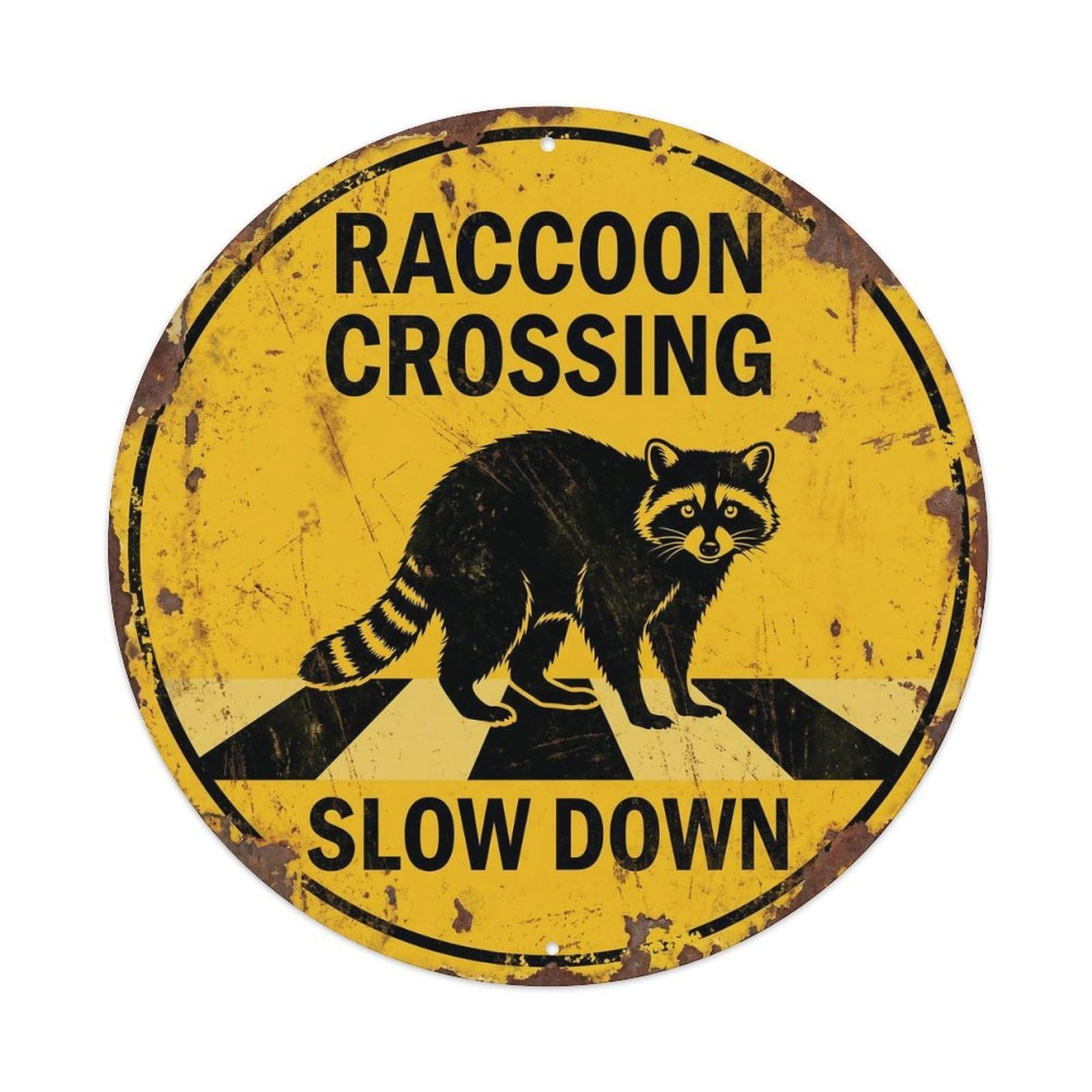 Raccoon Crossing Slow Down Distressed Metal Tin Sign
