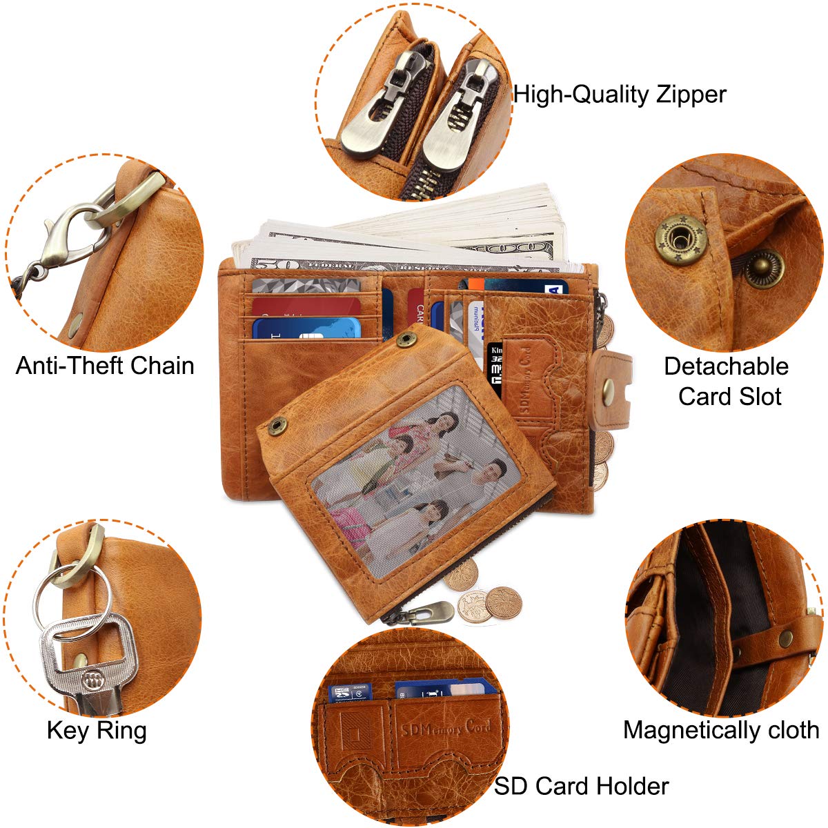 REETEE Portefeuille Homme en Cuir Blocage RFID Porte Monnaie Homme 16 Fentes pour Cartes Fermeture Eclair Poche à Monnaie avec Chaine Porte-Monnaie Classique (Marron Clair) …