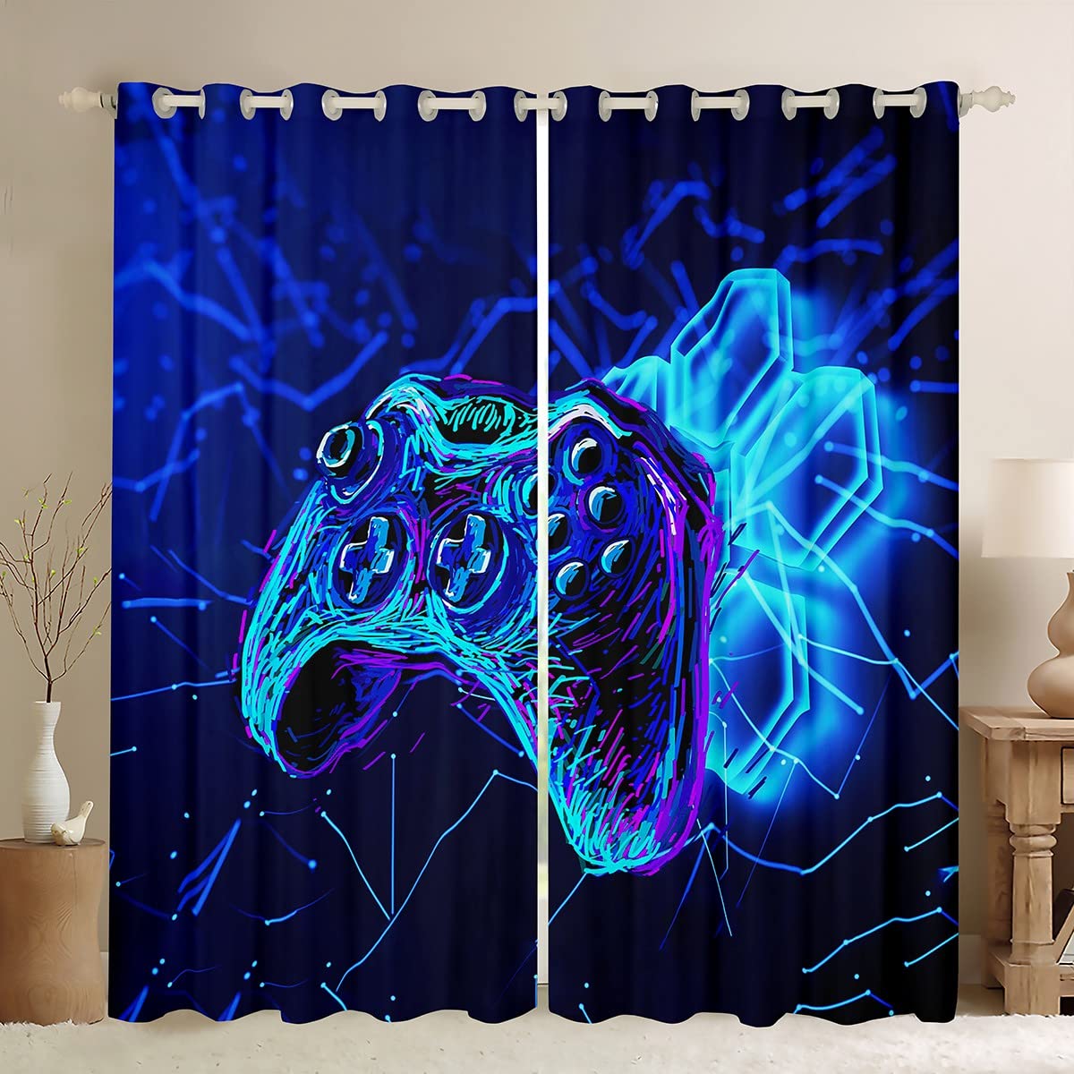 Cortina para niños Gamepad con Tratamiento de Ventana, Color Azul,Moderna, para Ventana de Gamer, Consola de Juegos, Cortina de Ventana geometría de 46 x 54 OEKO-TEX STANDARD 100