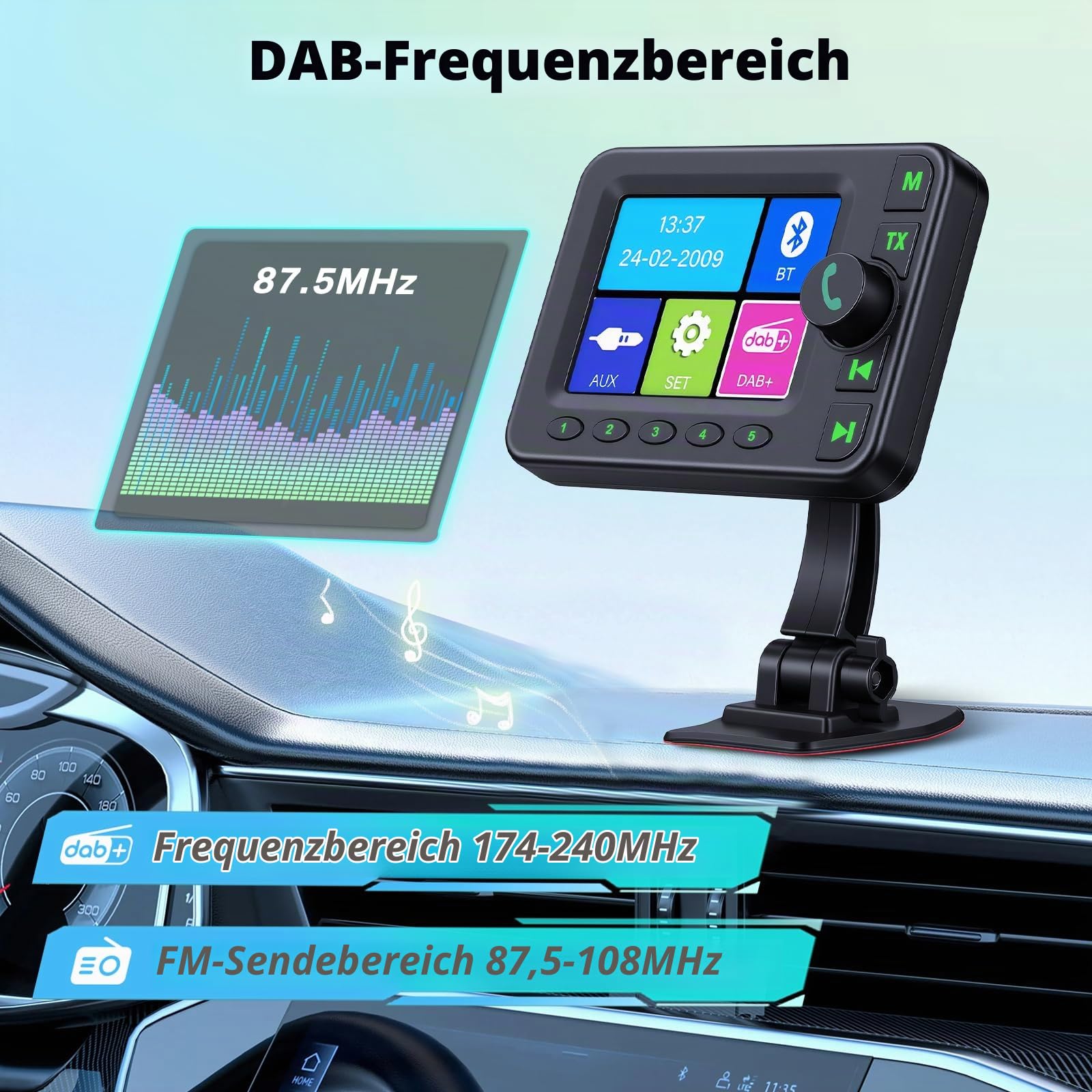 Roinvou Tragbarer Dab Adapter für Autoradio mit 2,8-Zoll-LCD-Display, Kleiner Digitalradio-Adapter mit Freisprecheinrichtung, Bluetooth, AUX-in, FM-Transmitter, Dab Digital, Radio