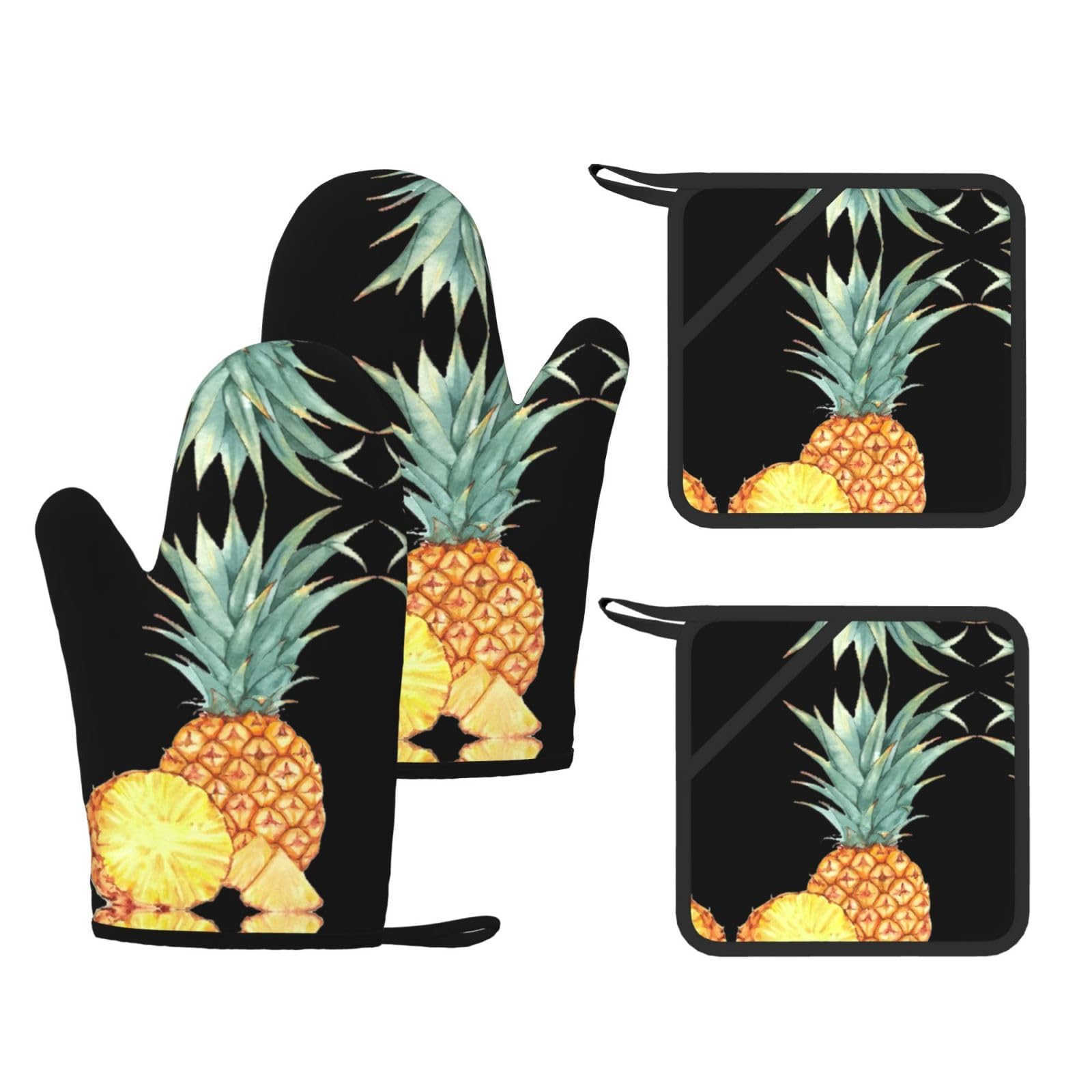 Eeprty Black Funny Pineapple Printed Kitchen Oven Gloves And Potholder 4 Pcs, Non-Slip Heat Resistant Mitts For Baking Chef