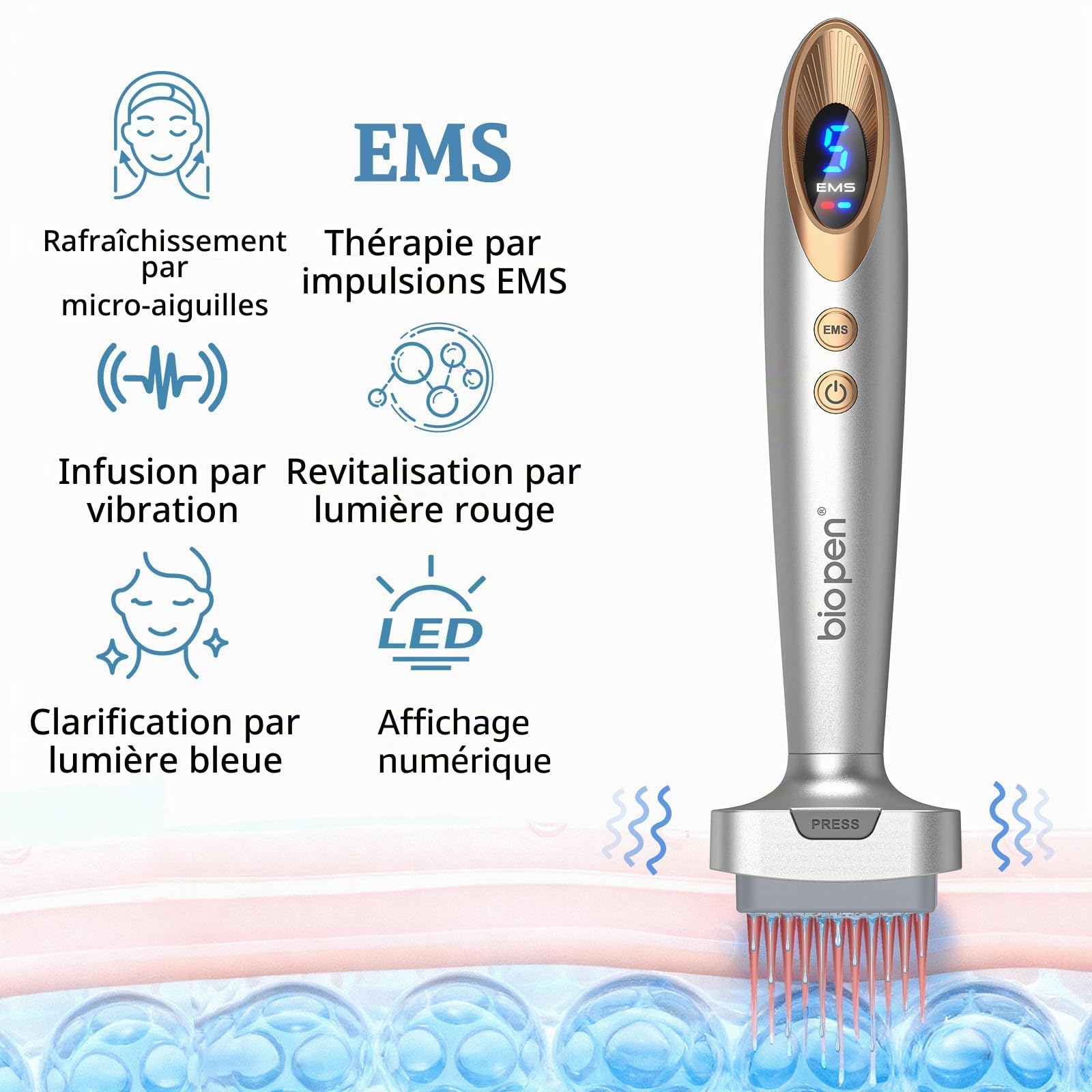 Dr.pen Bio 6 Derma Stamp Électrique, 4-en-1 DermaStamp aver microneedling, EMS, thérapie par lumière rouge et bleue, massage vibrant, Pour Réduire les rides du visage favoriser la pousse des cheveux