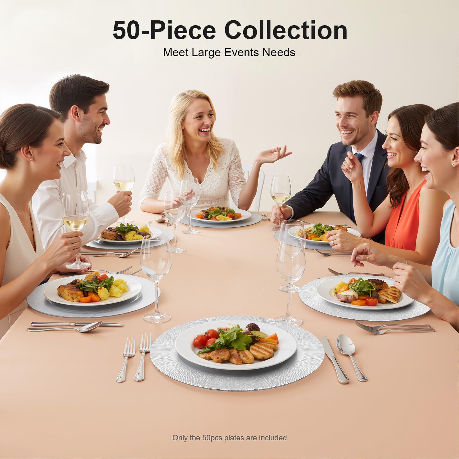 Platos de presentación - Lote de 50 platos redondos reutilizables plateados, 33 cm de plástico PP rígido para bodas, fiestas, banquetes, decoración de mesa elegante apilable