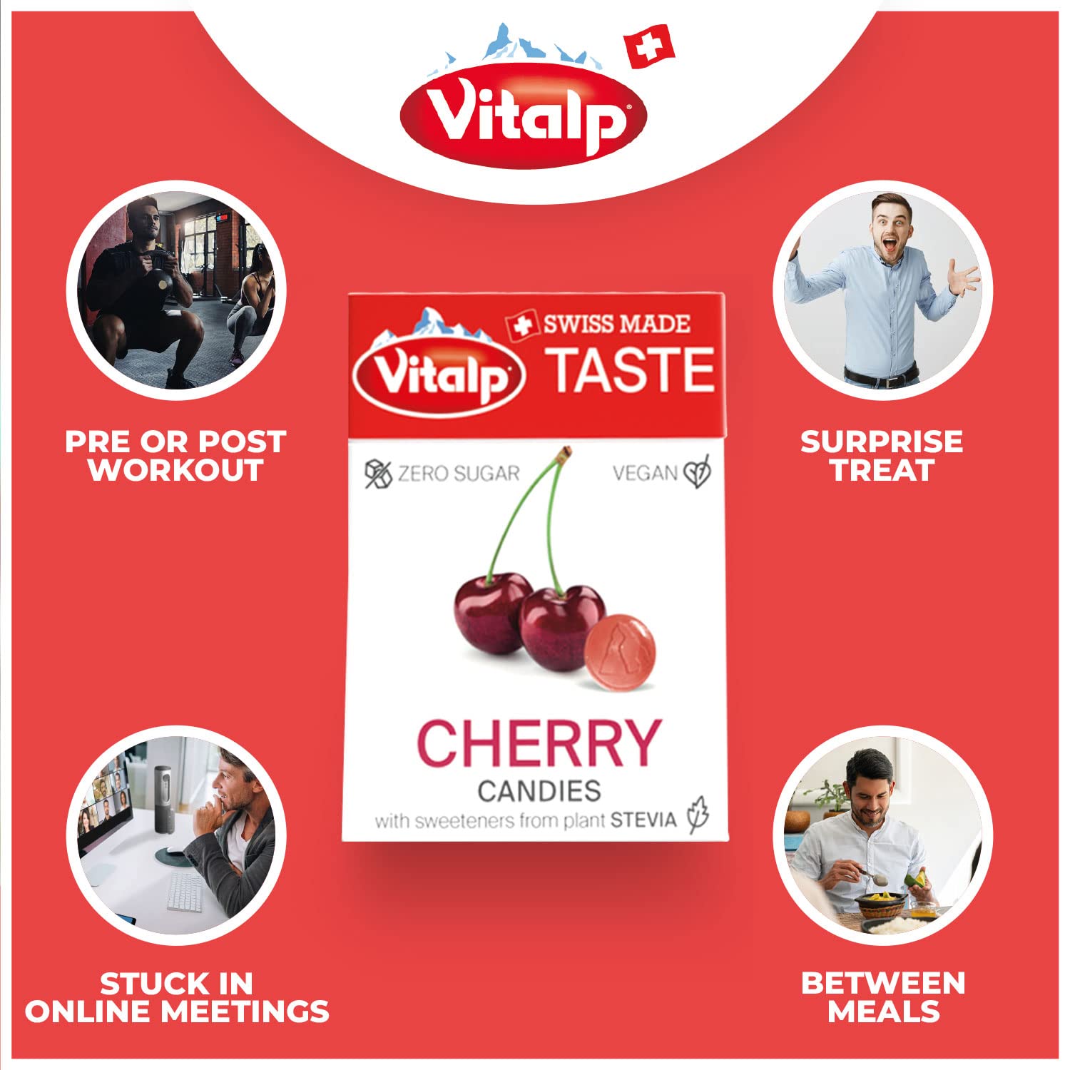 Vitalp Taste, Swiss Made, Sugar Free Candy with Stevia, Vegan, Cherry Flavor, 25g/0.88 Ounce Packs, 16 Boxes