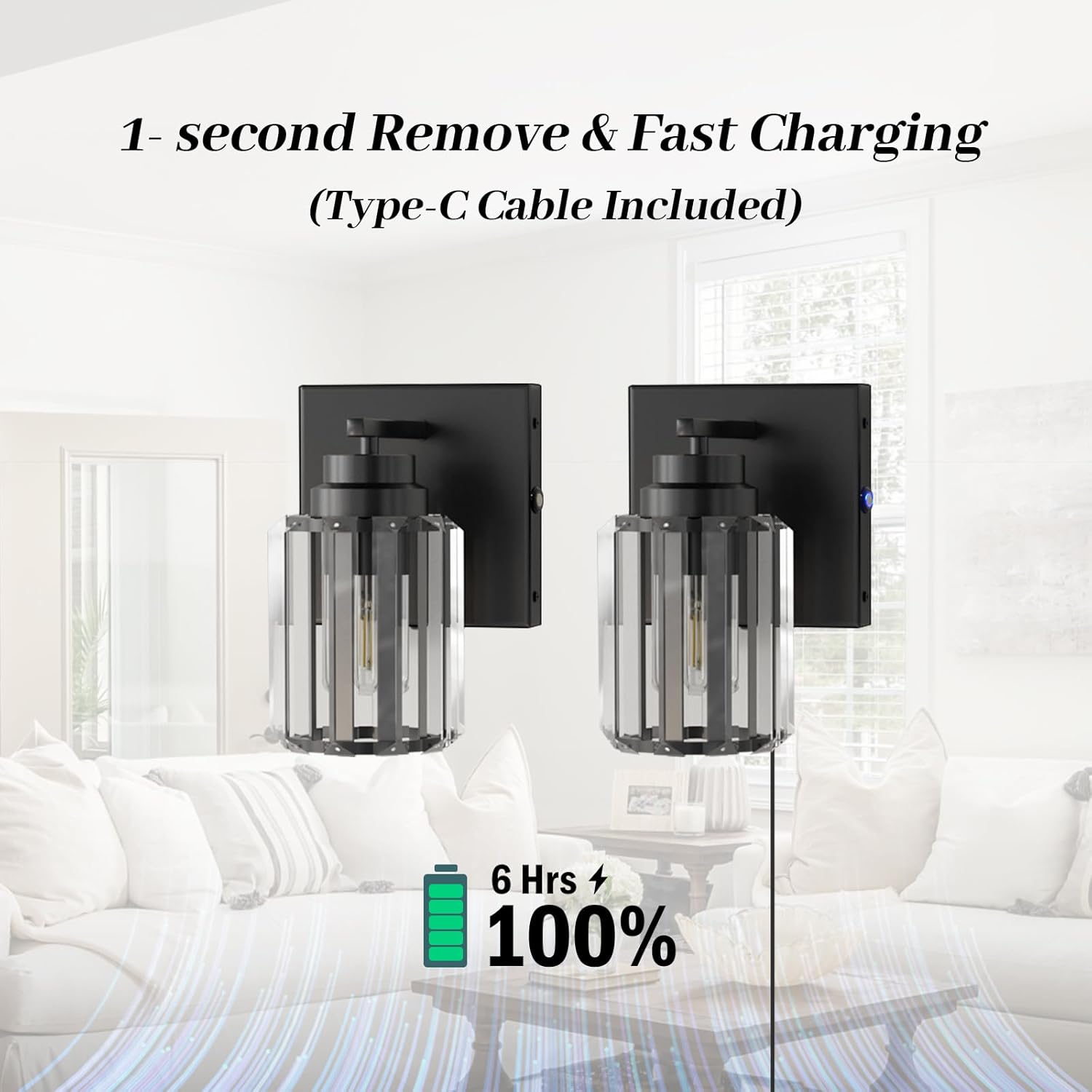 Rechargeable Crystal Wall Sconces with Remote Control, Battery Operated Wall Sconce Set of 2, Black Wireless Dimmable Wall Light for Bedroom Living Room Bathroom Hallway Entryway,3000K