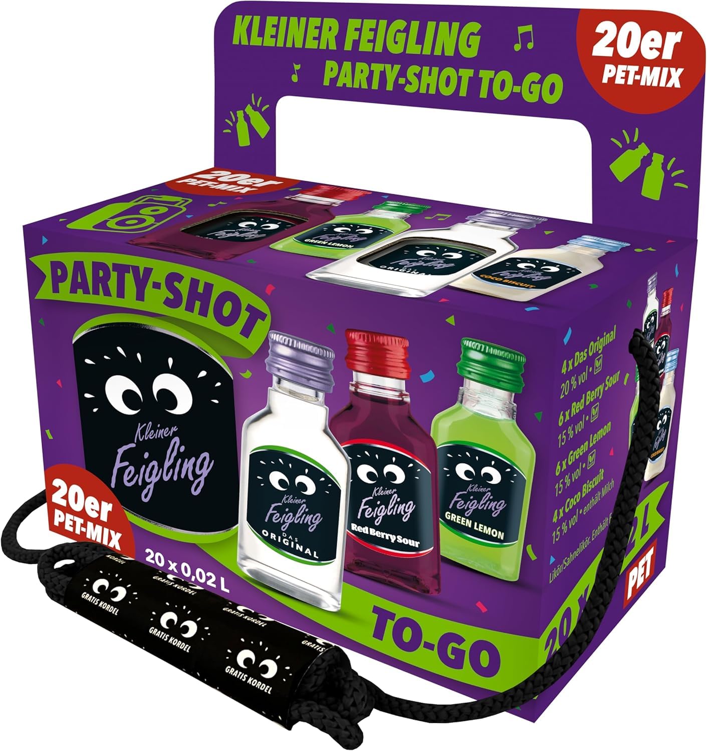 Kleiner Feigling Feier-Shot to go – 20x 0,02L PET-Flaschen inkl. 140 cm Umhängekordel – 4 Sorten: Das Original, Coco Biscuit, Green Lemon, Red Berry Sour – Bruchsicher & Ideal für unterwegs