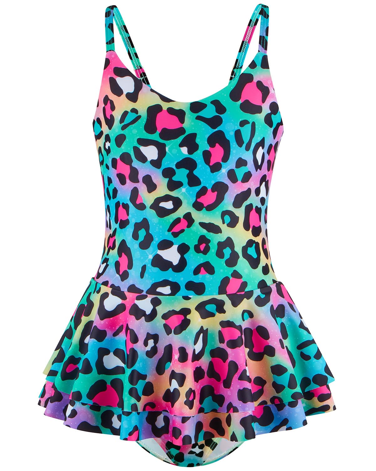 DivingBirds Badeanzug Mädchen Kinder Einteiliger Schwimmanzug Mädchen Hawaii Verstellbare Träger UV Badebekleidung Shirt, Grün Leopardenmuster 6-7 Jahre (116-122)