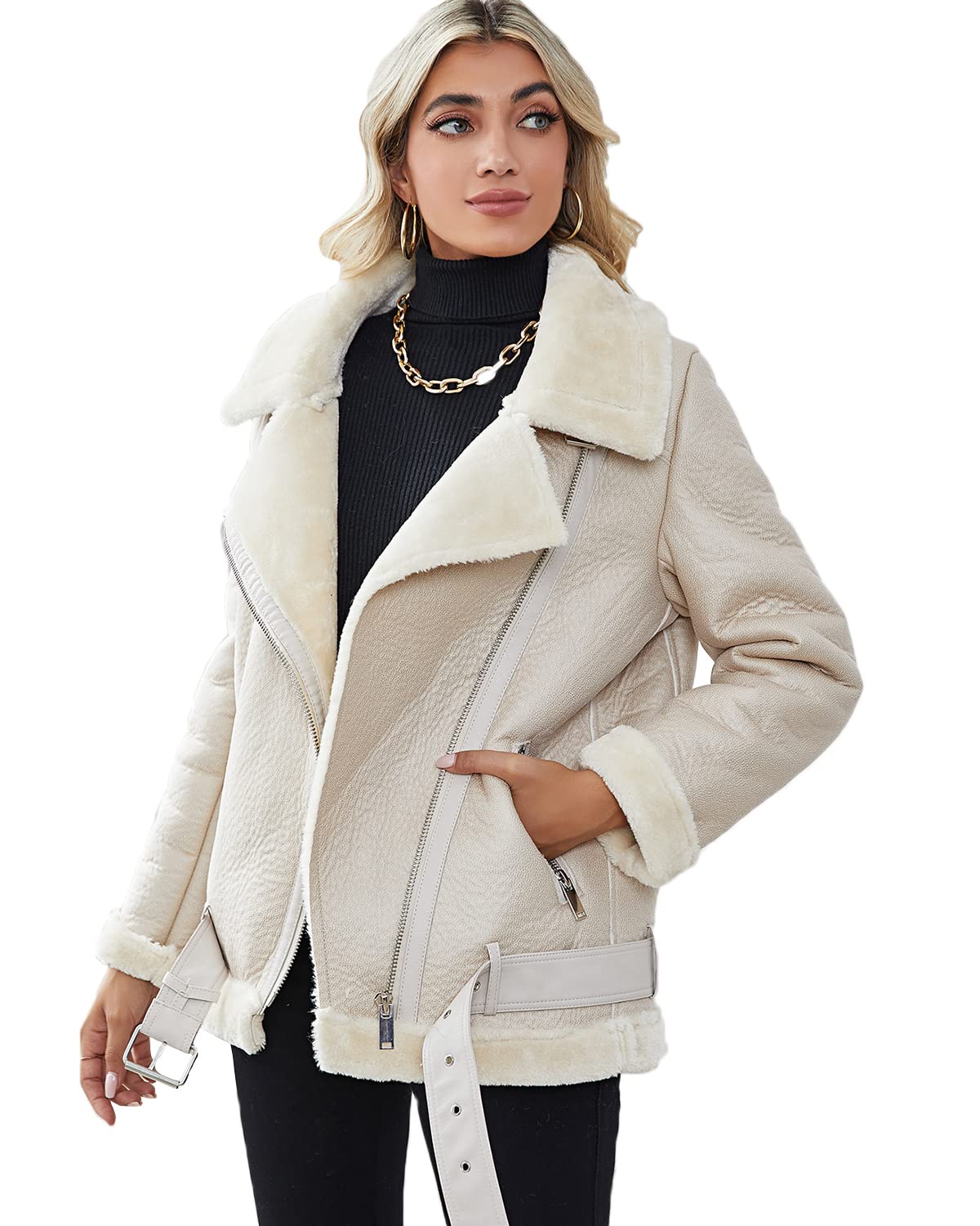 LY VAREY LIN Women's Faux Shearing Moto Jacket Thick Lined Parka Winter Shearling Coat Leather Jacket