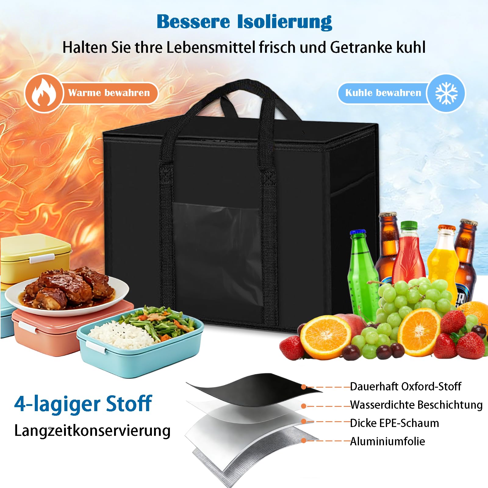 2 sztuki duża składana torba chłodząca 50 l + 30 l, stojąca torba termiczna, wielokrotnego użytku torba piknikowa, torby na zakupy, torba do zamrażania na kemping, grill, do pracy, dostawa