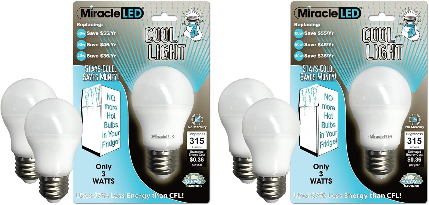 Miracle LED 604724 3-watt Refrigerator and Freezer Light, Long Life Energy Saver Bulb, Cool White, 2-Pack, Replacing Old, Hot 40W Incandescent