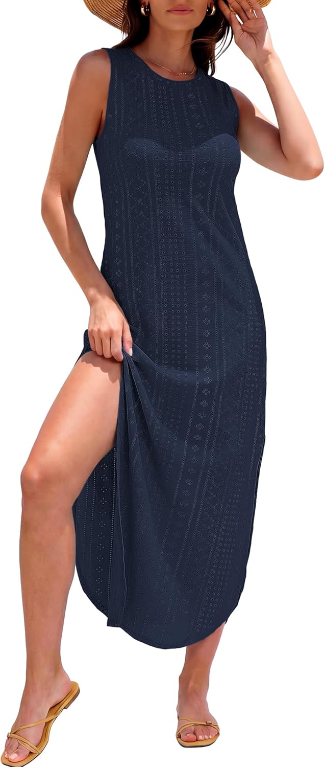 ANRABESS Women Maxi Dress Summer Casual Loose Sleeveless Sundress Coverup Beach Eyelet Dresses 2026 Vacation Travel Outfits