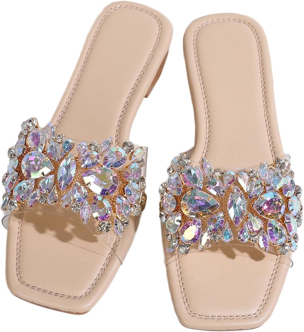 Verdusa Women's Rhinestone Clear Flat Sandals Square Toe Slide Sandals - Image 7
