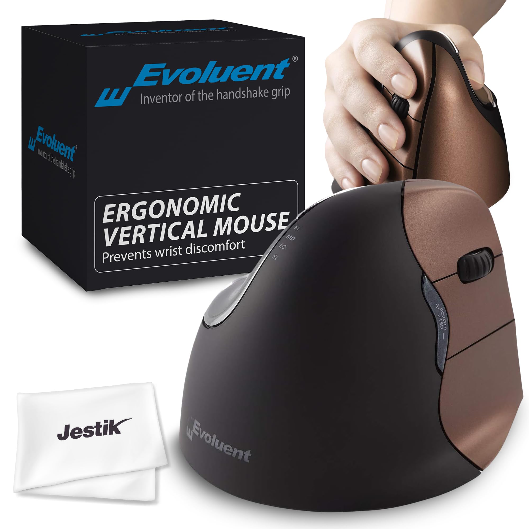 EvoluentErgonomical Wireless VerticalMouse Mouse & Jestik Microfiber Cloth - Right Handed - Small Size - Brown & Black