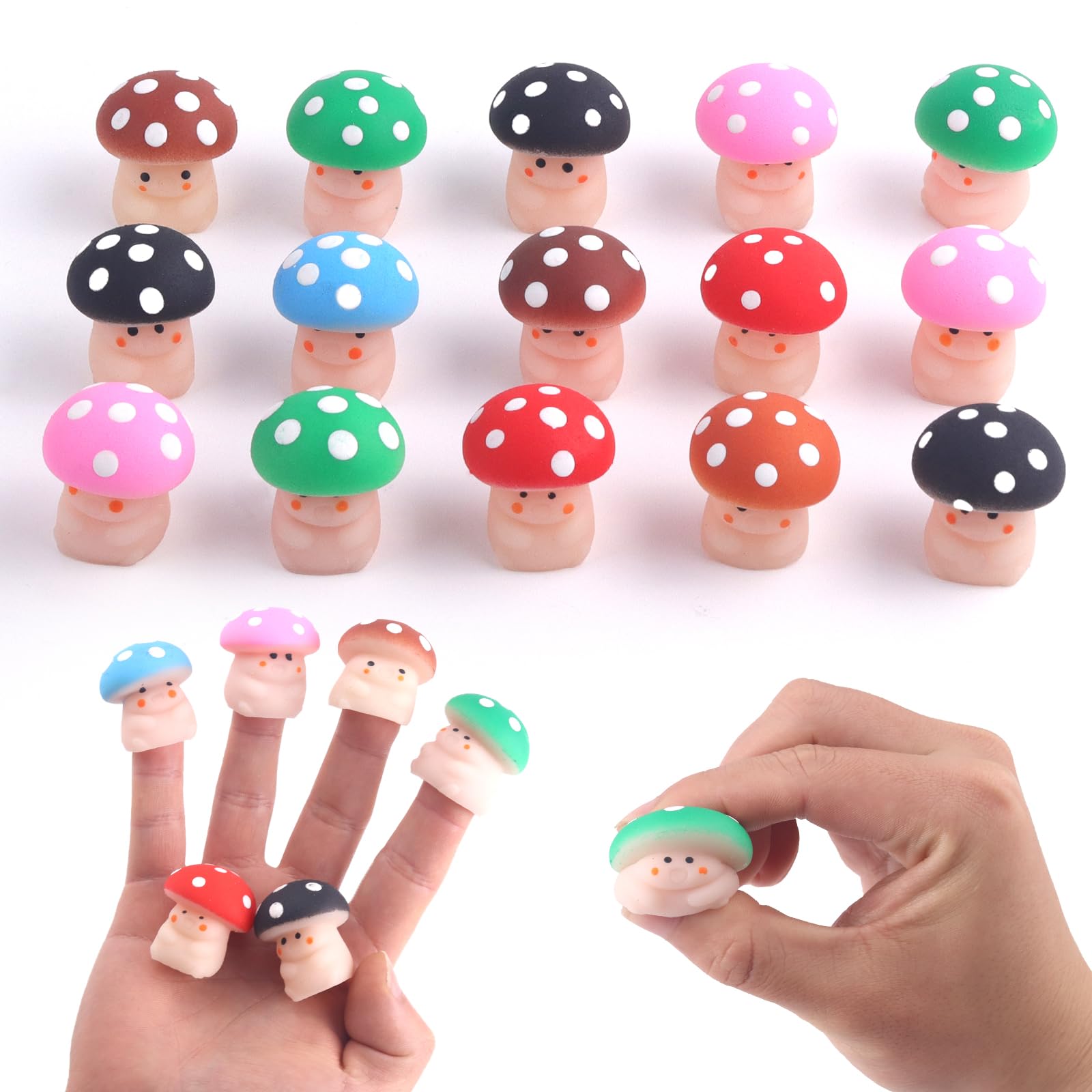 15PCS Mushroom Squishies Toys Mini Mochi Squish Finger Puppet for Kids Party Favors for Shows, Playtime