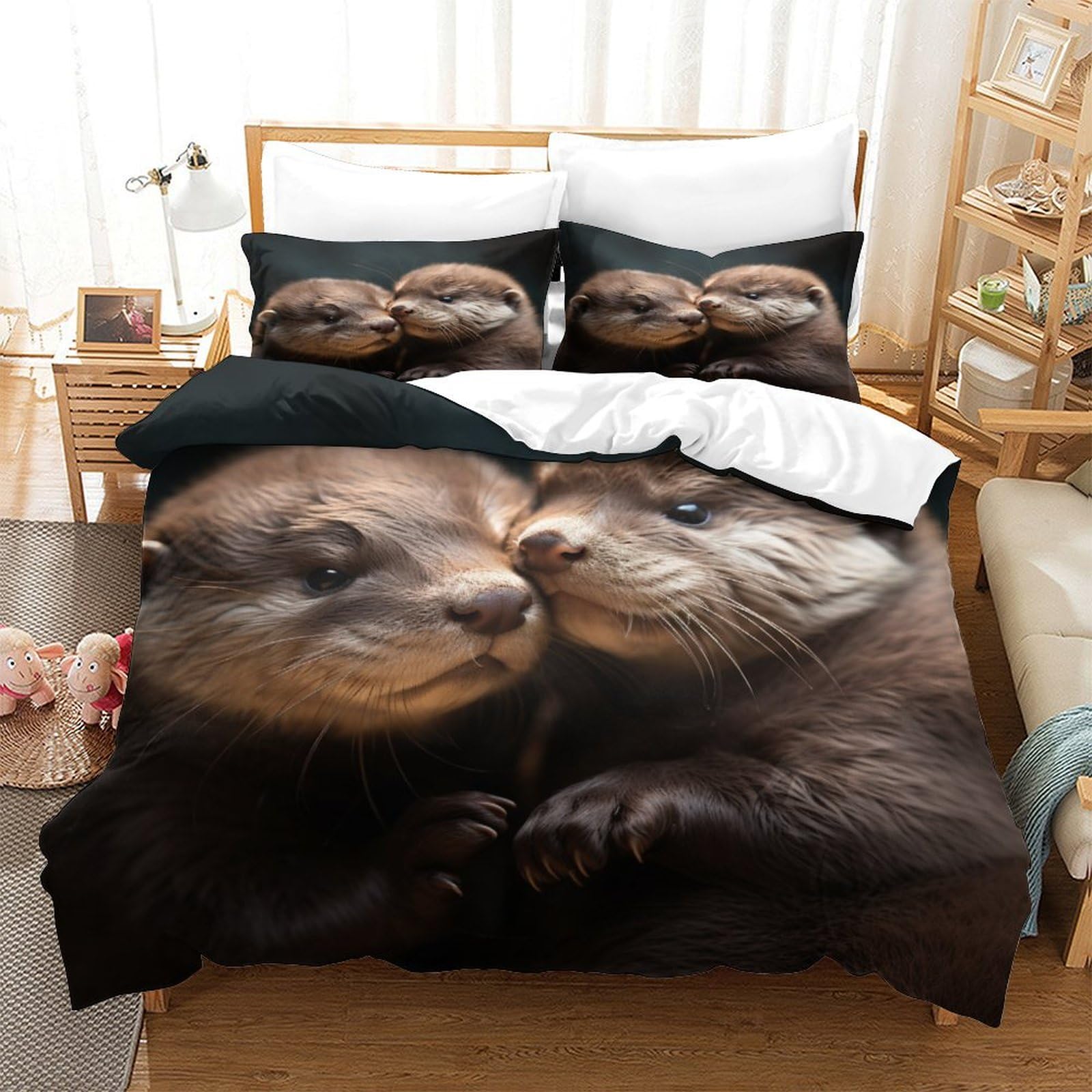 P1S9U7W5Y Adorable Otter Pair 3D Printed Duvet Cover Set 3 Pieces Microfiber Soft Bedding Set Animal Bedroom Decor for Adults Teens Dorm Cozy Gift King（220x240cm）