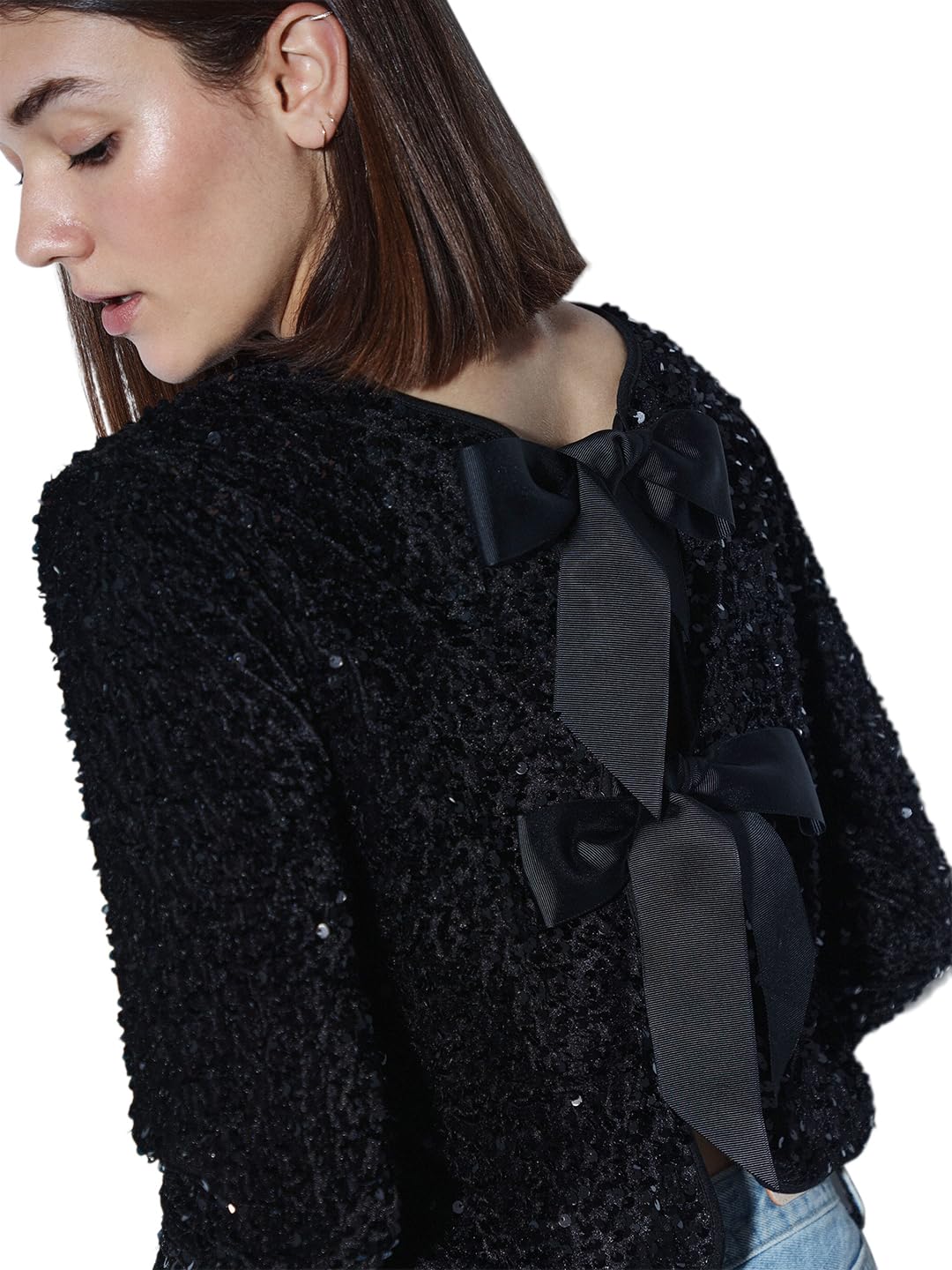 ONLY Onlanika Pailletten Ls Bow Top WVN Top, Zwart/Details: Zwarte Strik, M Dames, Zwart/Details: Zwarte strik, M