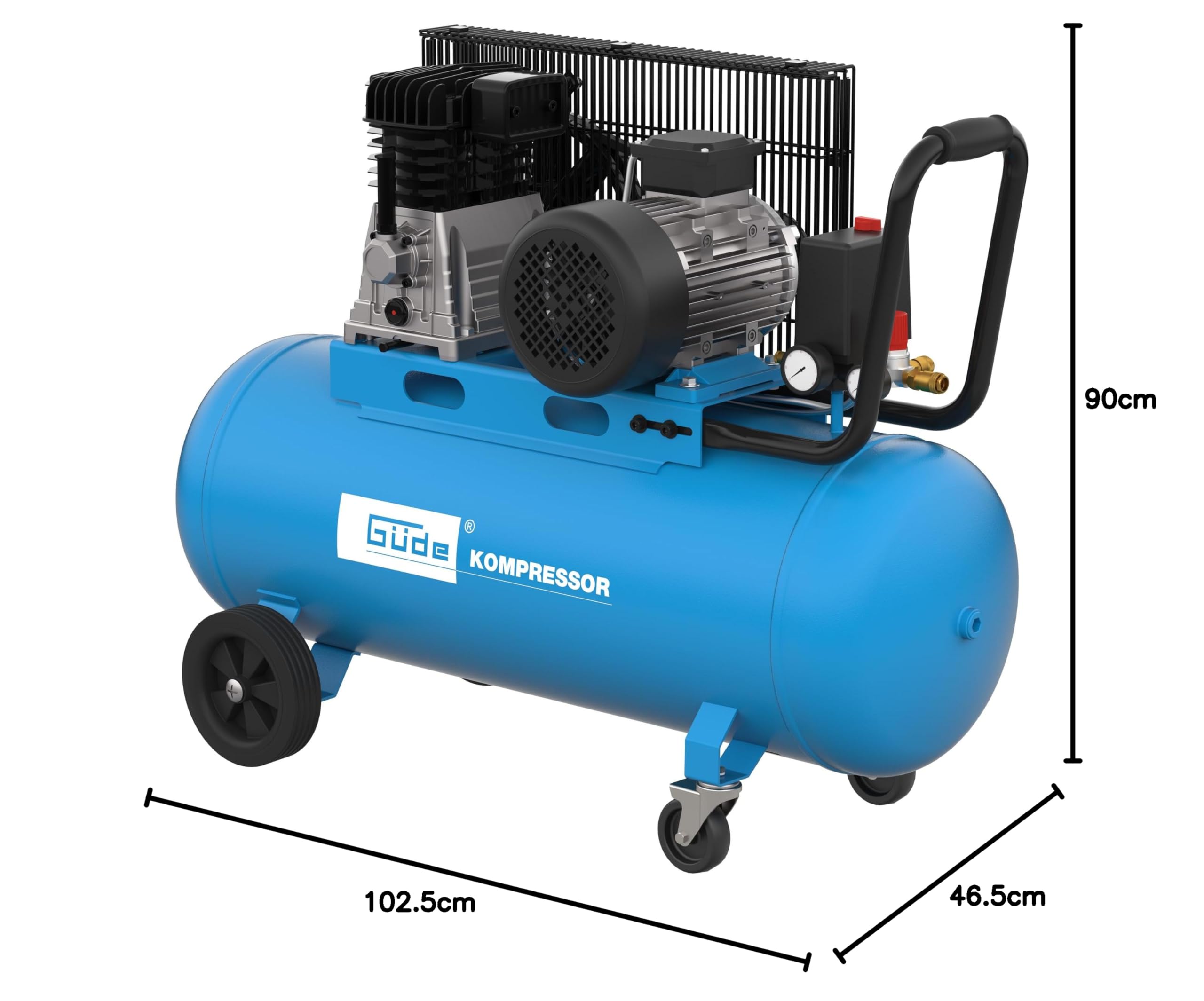 Güde Kompressor 580/10/100 H/ 400V (3000 W, 100 l Kessel, ölgeschmiertes 2-Zylinder-Aggregat, Riemenantrieb, max. 10 bar, eff. Liefermenge 400 l/min, Druckminderer, 2 Manometer, 2 Druckluftkupplungen)