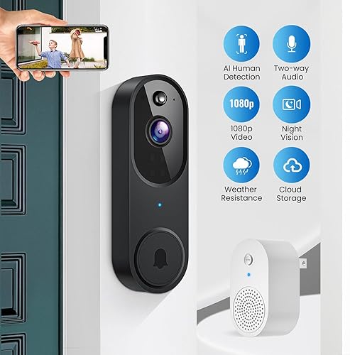 Miniatura 2 de ALPHAPEACH Timbre de video 1080P inalámbrico para seguridad en el hogar con timbre de anillo, 100% sin cable, detección humana inteligente con