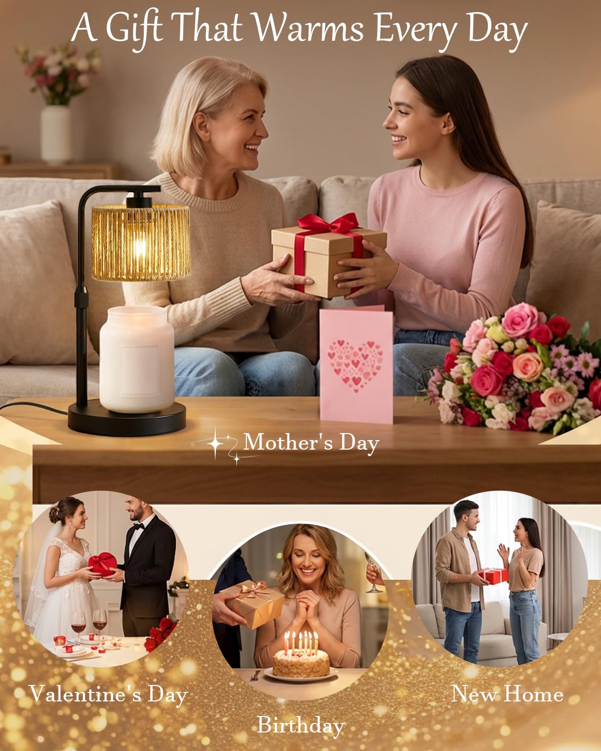 Lampada riscaldante per candele, dimmerabile con timer, altezza e luminosità regolabili, paralume in rattan boho e 2 lampadine, adatta per decorazione domestica, regalo di compleanno per donne e mamme