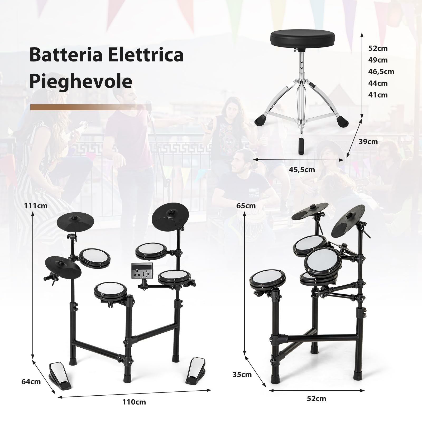 COSTWAY Set di Batteria Elettrica a 7 Pezzi, con 4 Pad a Rete, 3 Piatti, 150 Suoni e 10 Demo, Batteria Musicale per Principianti con Supporto Pieghevole, Sgabello Regolabile, Bacchette e Cuffie