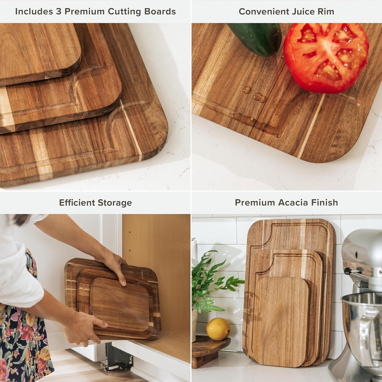 KitchenEdge Premium Acacia Wood Cutting Board Set of 3, Juice Groove and Non-Slip Feet - Image 3