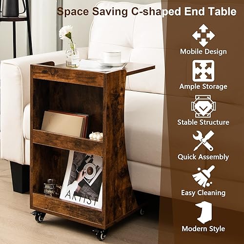 Miniatura 14 de GOFLAME Juego de 2 mesas auxiliares en forma de C, mesa auxiliar de sofá móvil con 2 compartimentos traseros de almacenamiento, ruedas giratorias