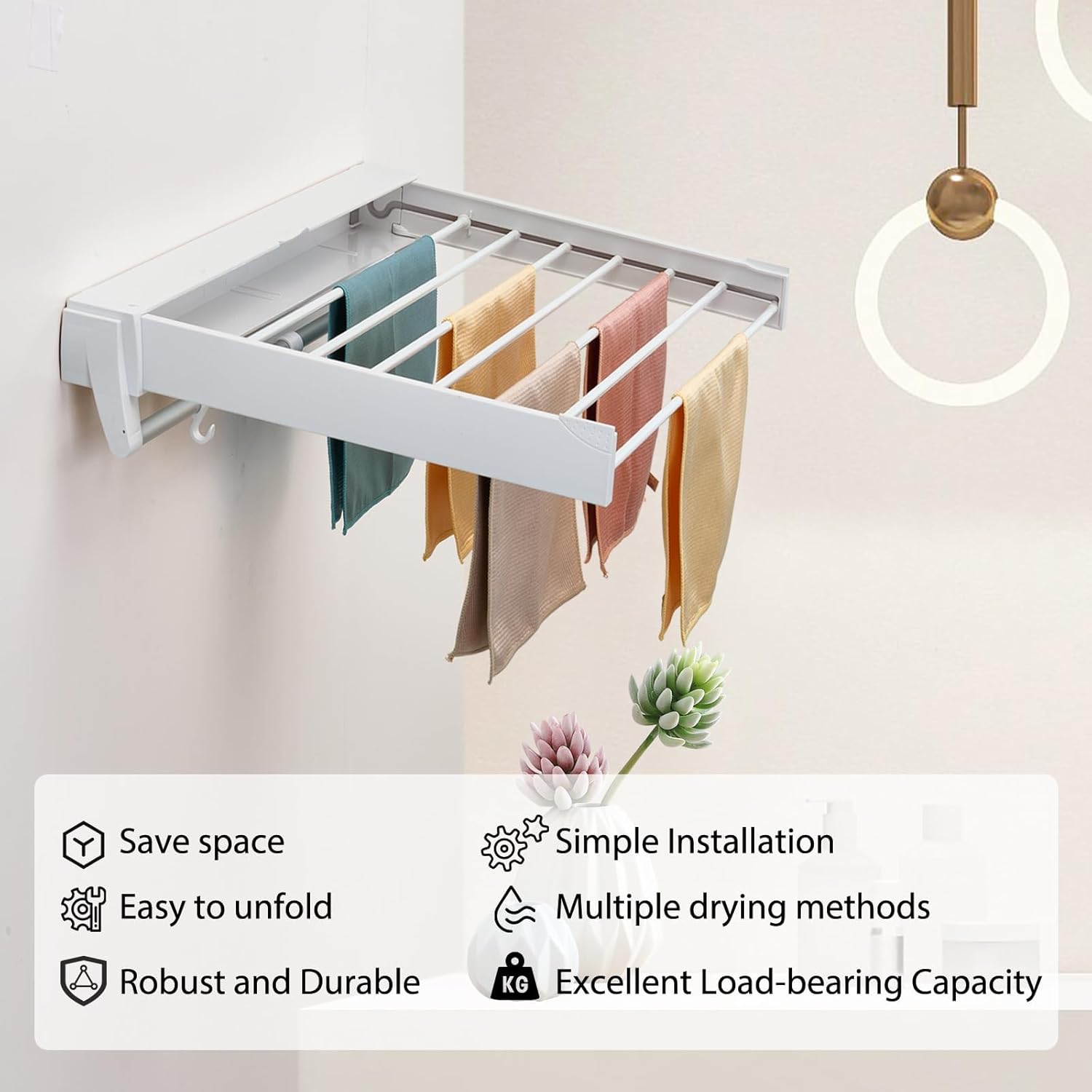 Wall Mounted Drying Rack, Clothes Drying Rack Foldable with 88 lbs Capacity, Aluminum Collapsible Drying Rack, Clothes Drying Rack wall Mounted, Foldable Laundry Rack for Drying (White)