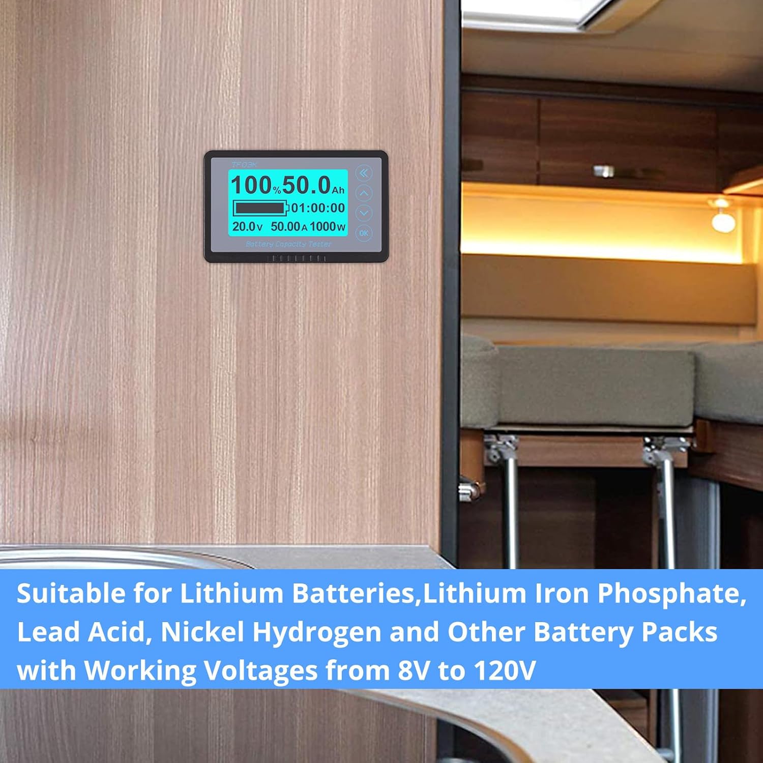 Detailed view of the CAMWAY Battery Monitor LCD display, showing labels for Capacity Percentage, Current Capacity, Battery Icon, Voltage, Current, Power, Remaining Time, Backlight control, Full Capacity, Zero Capacity, and Settings (OK button).