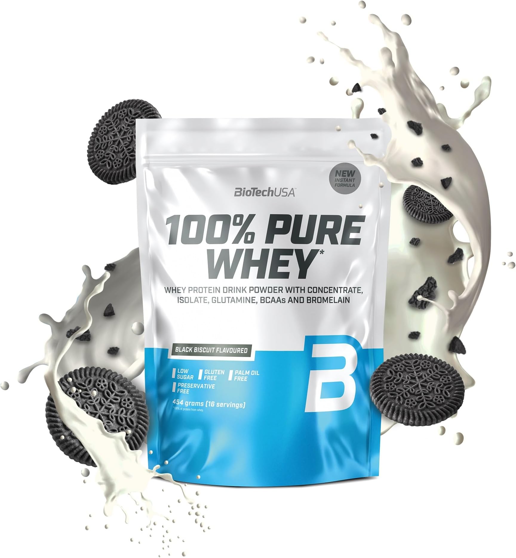 BioTechUSA 100% Pure Whey | Protein Powder with BCAA and Glutamine | Gluten-Free, Palm Oil Free | 21g Protein per Serving, 454 g, Black Biscuit