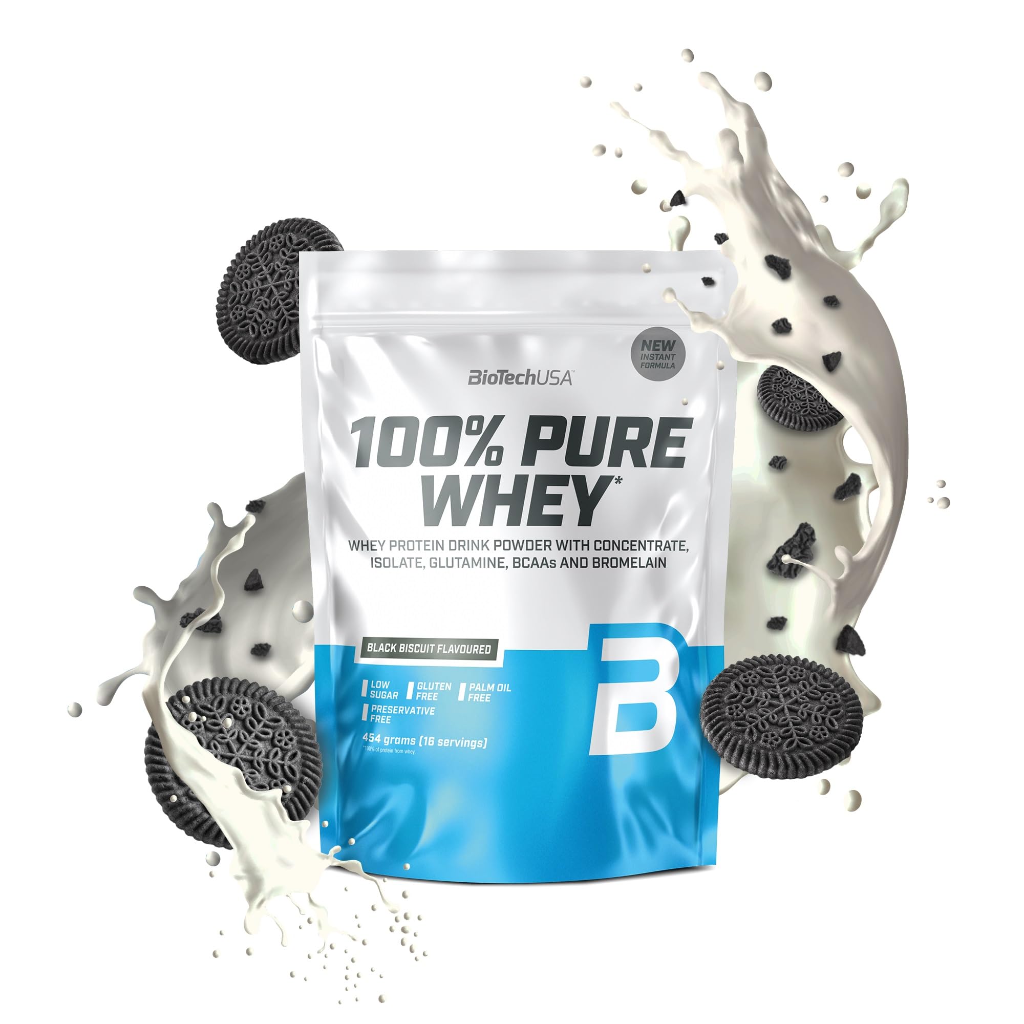 BioTechUSA100% Pure Whey | Protein Powder with BCAA and Glutamine | Gluten-Free, Palm Oil Free | 21g Protein per Serving, 454 g, Black Biscuit