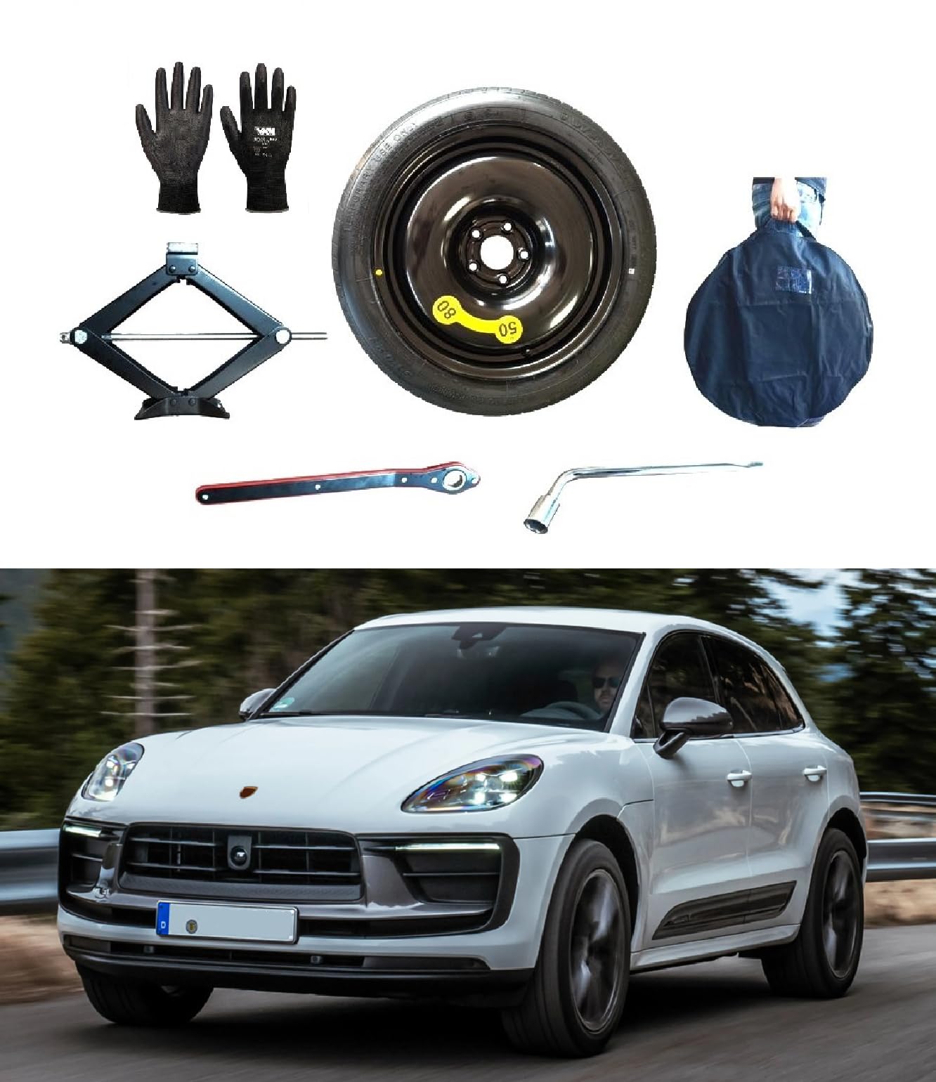 Kit Ruotino di Scorta 20" compatibile con Porsche Macan con Cric, Chiave, Guanti e Sacca 145/65r20 NON STA NEL SOTTOVANO!