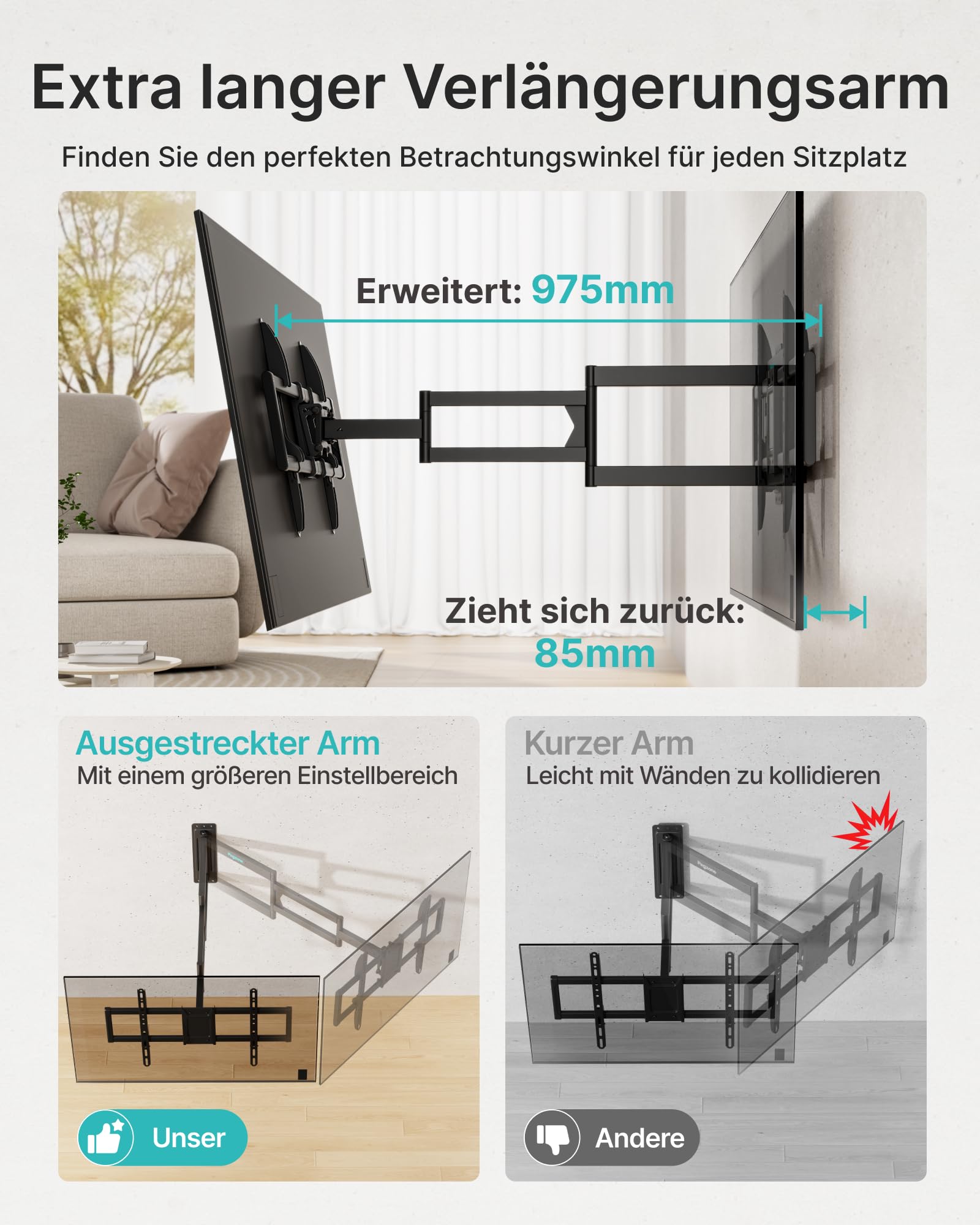PEGZONE TV Wandhalterung Langarm 85-975mm 37-86" bis 50kg, VESA max.600x400 | Wandhalterung Fernseher für LCD, LED & OLED, schwenk- und neigbarer extra langer Arm, inkl. praktischer Kabelbinder