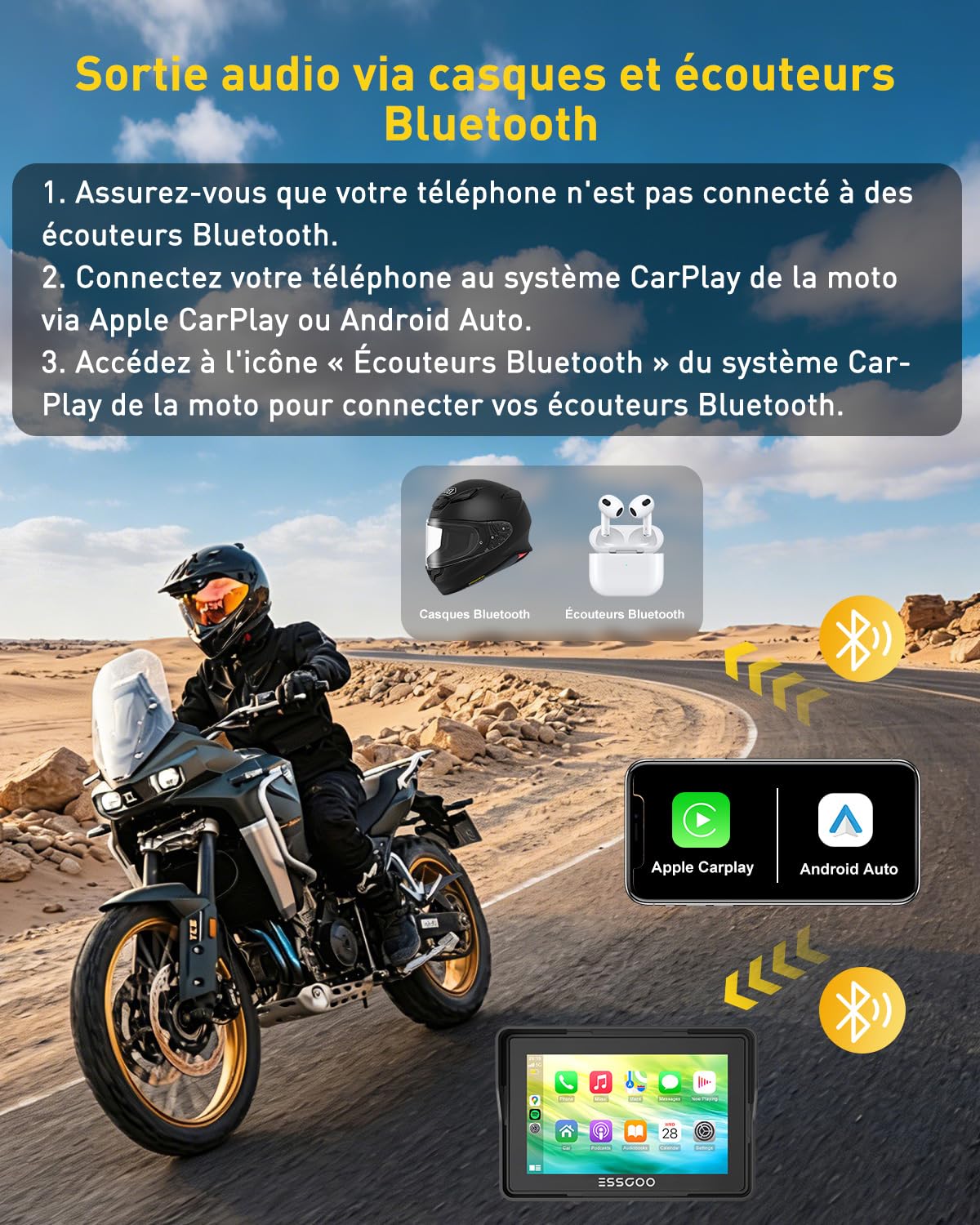 ESSGOO 5 Pouces CarPlay Moto Écran Android Auto sans Fil Tactile IPS | IP67 Étanche, Musique Bluetooth 5.3,Navigation GPS,Commande Vocale, Installation Démontage Faciles
