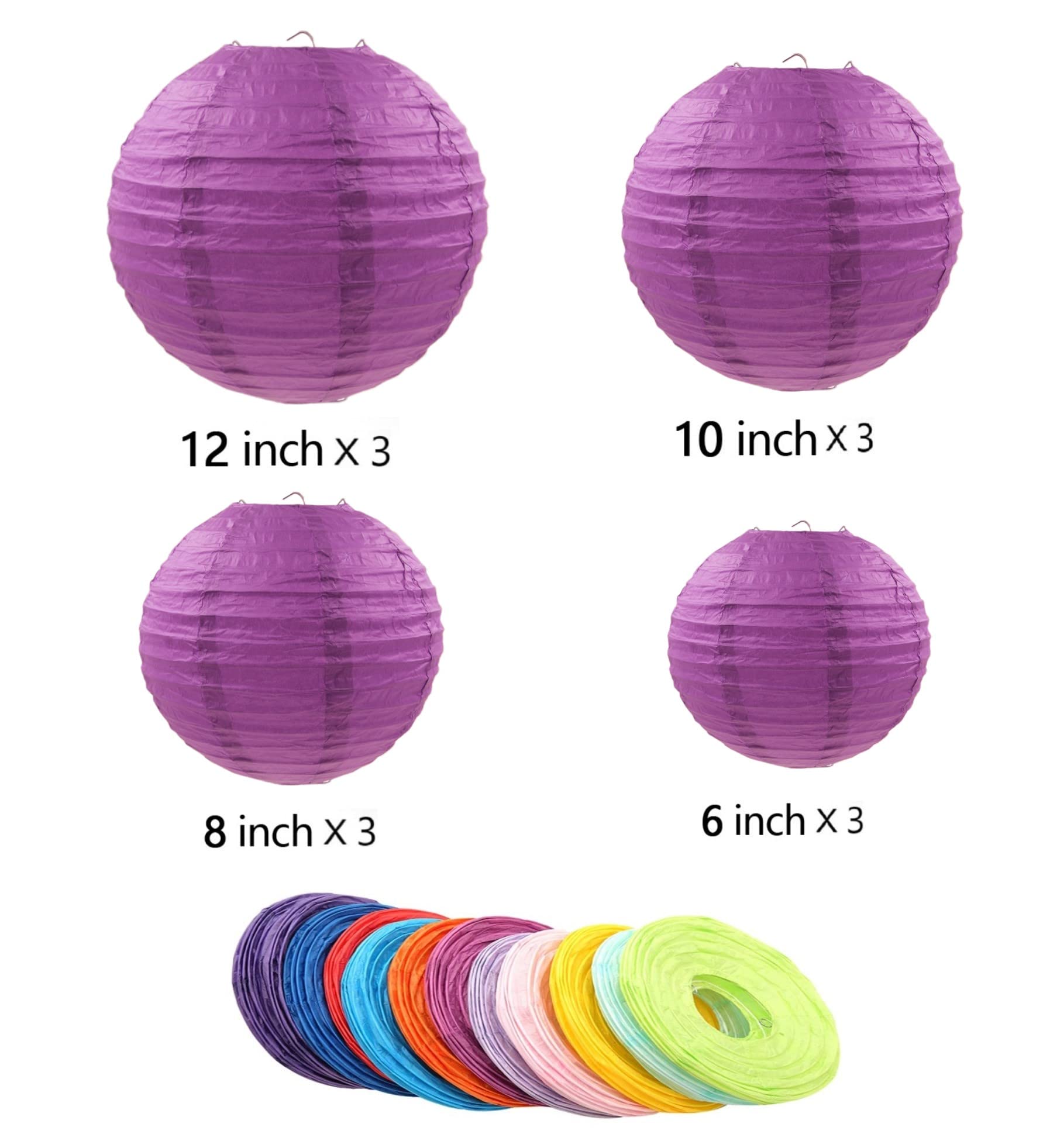 Paquete de 12 faroles LED de papel con luces, 6 pulgadas, 8 pulgadas, 10 pulgadas, 12 pulgadas, linterna redonda colgante china/japonesa para bodas, aniversarios, fiestas de cumpleaños (morado oscuro)