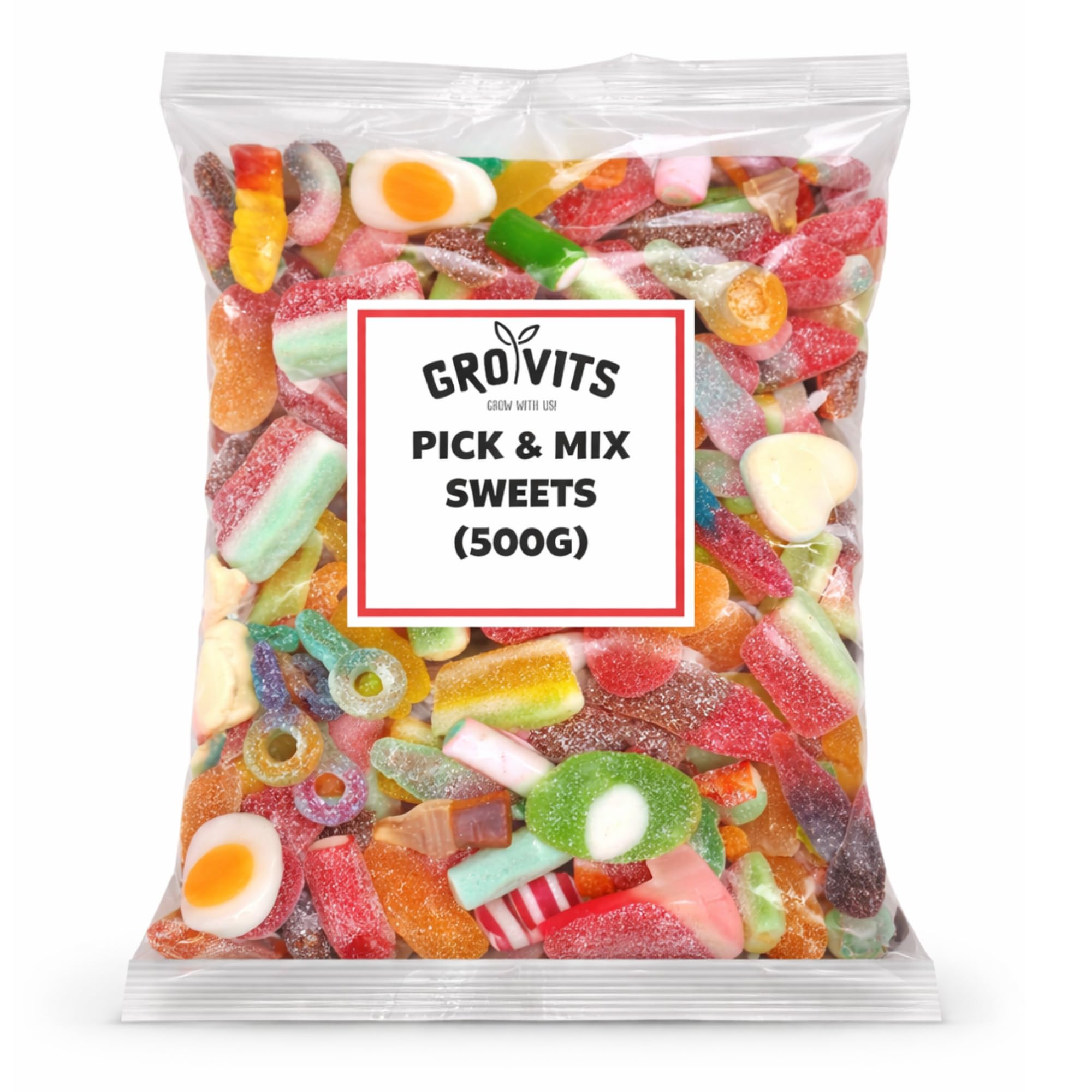 GRO VITS - Pick & Mix Sweets - 500g Pouch Quality Jelly Sweets Classic Retro Candy Selection Assortment Pick and Mix Gummy Gift Bag for Gifting Christmas Gifts