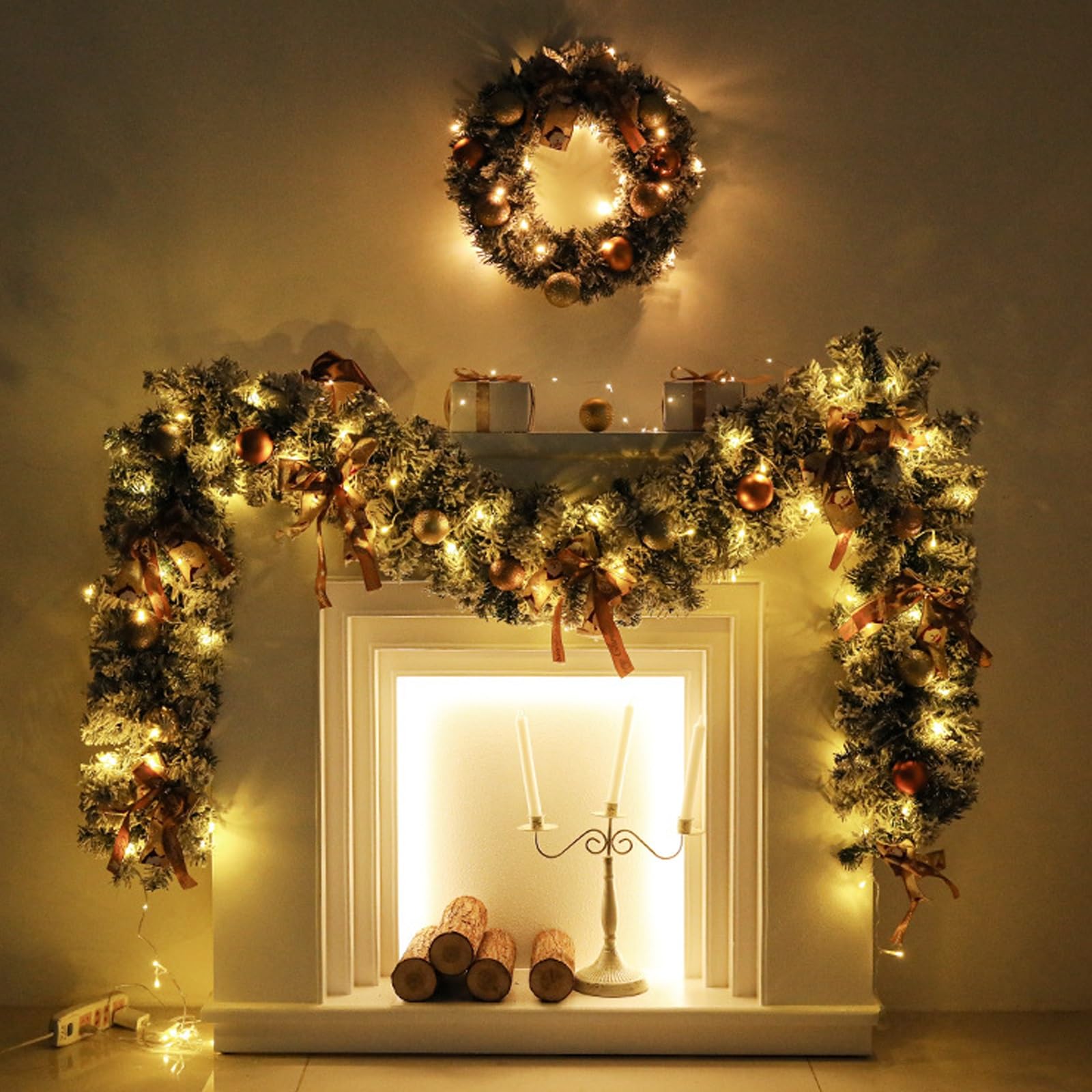 Zestaw 3 Świątecznych Girland ze Światłami, Girlanda z Prawdziwego Cedru, Wianek 40 cm - Winorośl 2.7 m - Choinka 60 cm, do Montażu na Schodach, Kominkach, Ścianach I Drzwiach